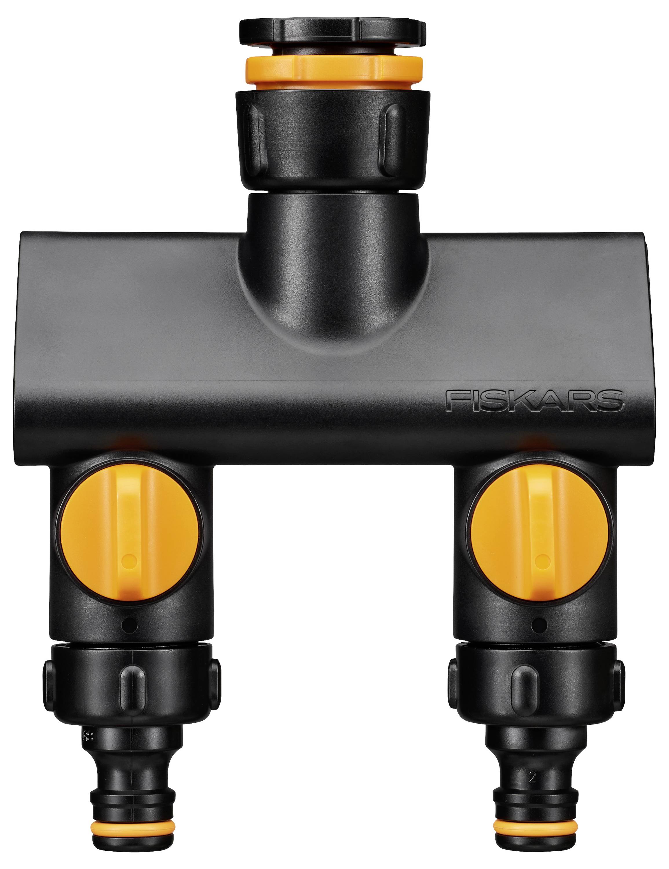 Czarny rozdzielacz ogrodowy z dwoma żółtymi zaworami i górnym przyłączem wejściowym, służący do jednoczesnego sterowania dwoma wężami wodnymi.