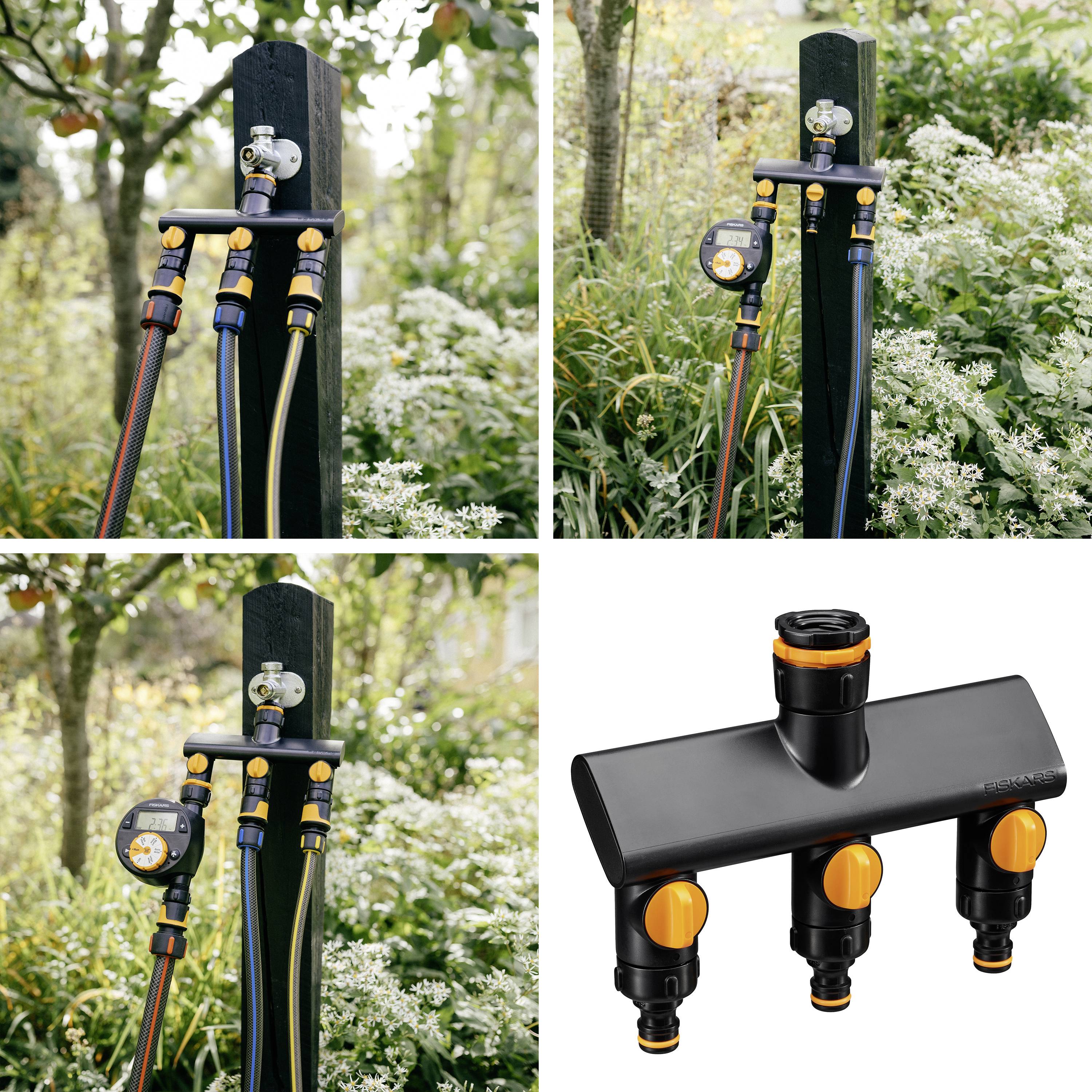 System nawadniania ogrodu z wieloma wężami i przyłączami na jednym słupie. Na dolnym obrazku: szczegół podłączanej jednostki rozdzielczej.