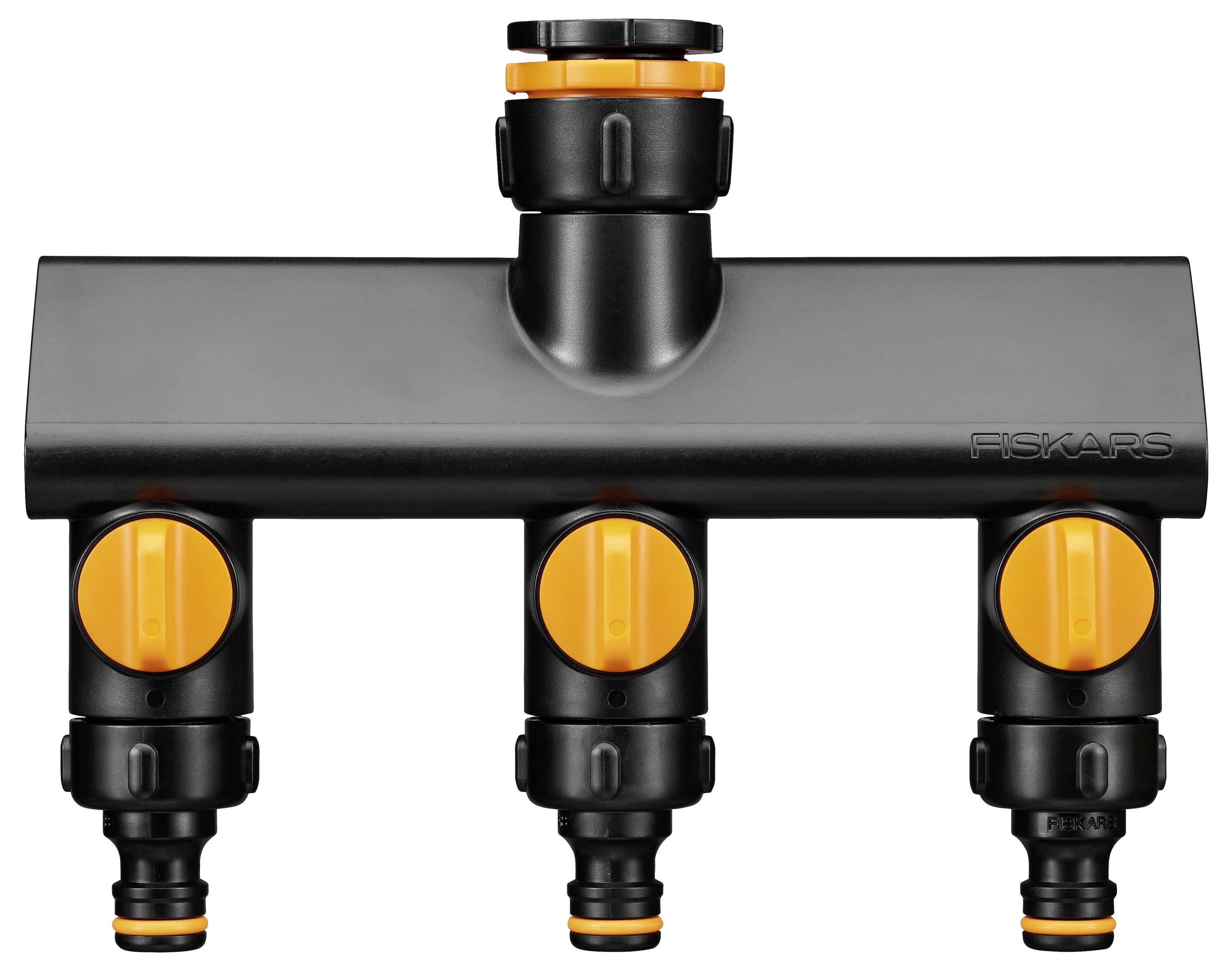 Rozdzielacz wodny do ogrodu z czarnego tworzywa sztucznego z trzema pomarańczowymi pokrętłami nastawczymi i przyłączami.