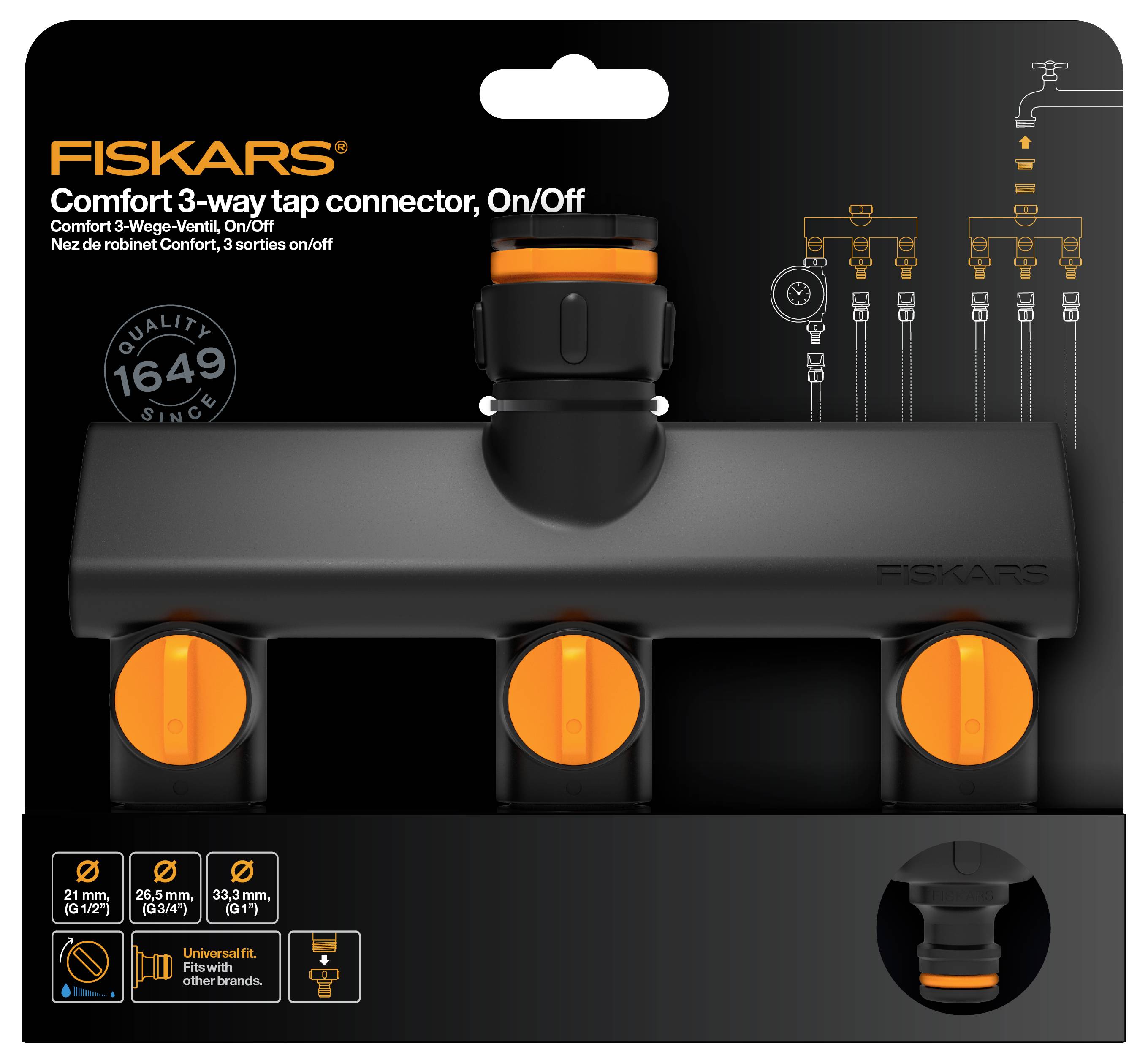 'FISKARS Comfort 3-drożny zawór, On/Off' przedstawia czarny złącz wodny z trzema pomarańczowymi przełącznikami zaworów.