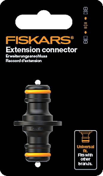 Czarny adapter rozszerzający Fiskars z pomarańczowymi uszczelkami, zapakowany na czarnym kartonie. Kompatybilny z innymi markami.