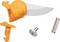 Komponenty zestawu wymienny ch ostrzy: pomarańczowy uchwyt ostrza, ostrze, śruba, sprężyna i hak.