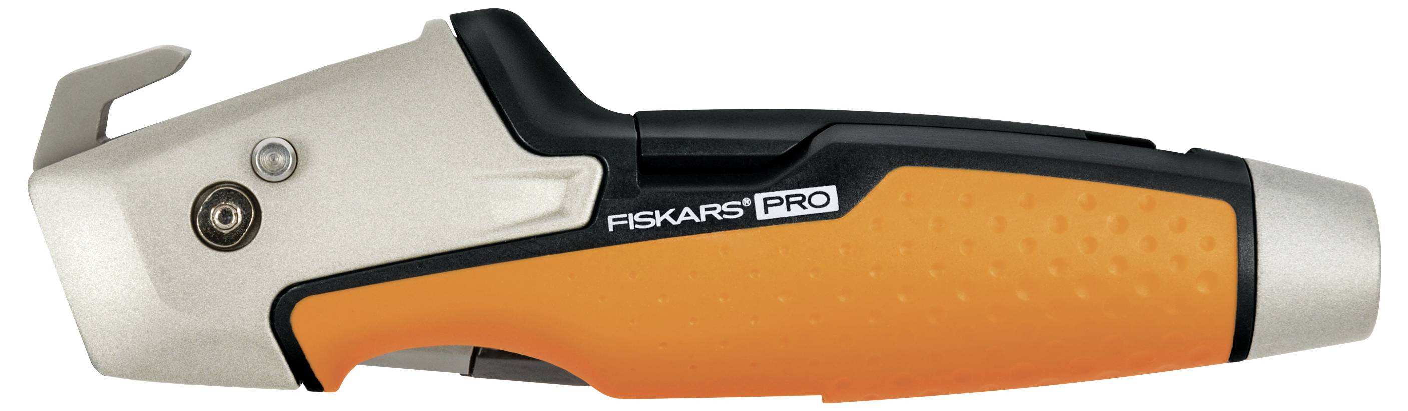 Ergonomiczny, pomarańczowo-czarny nóż bezpieczeństwa z szarą metalową głowicą i logo 'Fiskars Pro' z boku.