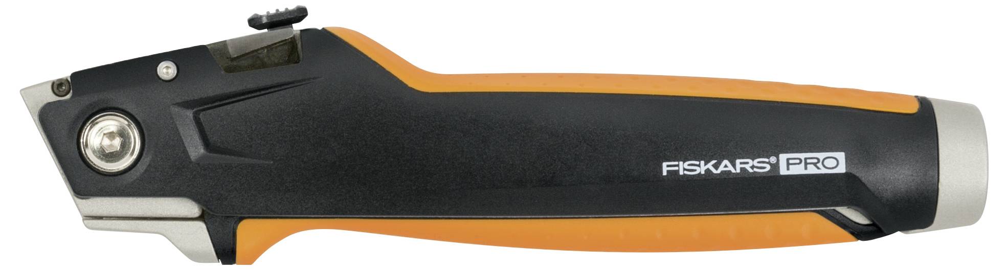 Czarno-pomarańczowy śrubokręt firmy Fiskars PRO, widok z boku, przedstawiający ergonomiczny uchwyt i mechanizm ostrza.