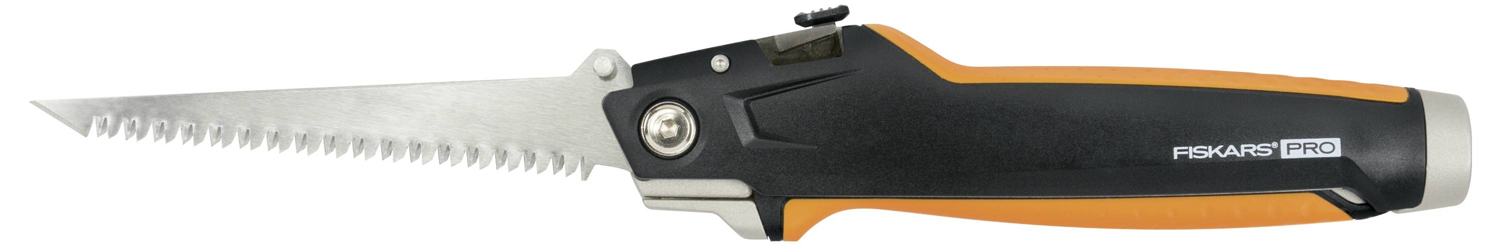 Składana piła ręczna z czarnym uchwytem i pomarańczowymi akcentami, odpowiednia do prac ogrodowych i rzemieślniczych.