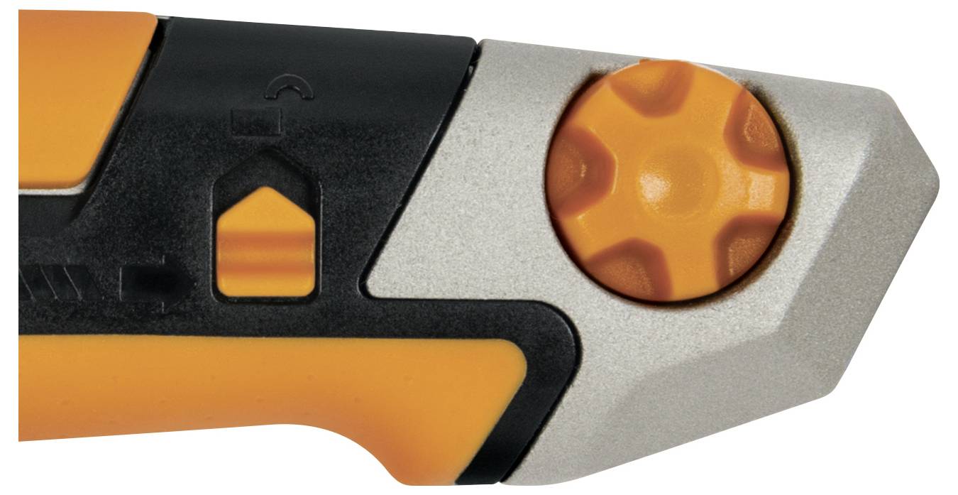 Szczegół narzędzia z uchwytem w kolorze pomarańczowym i czarnym oraz obrotowym kółkiem do regulacji ostrza.
