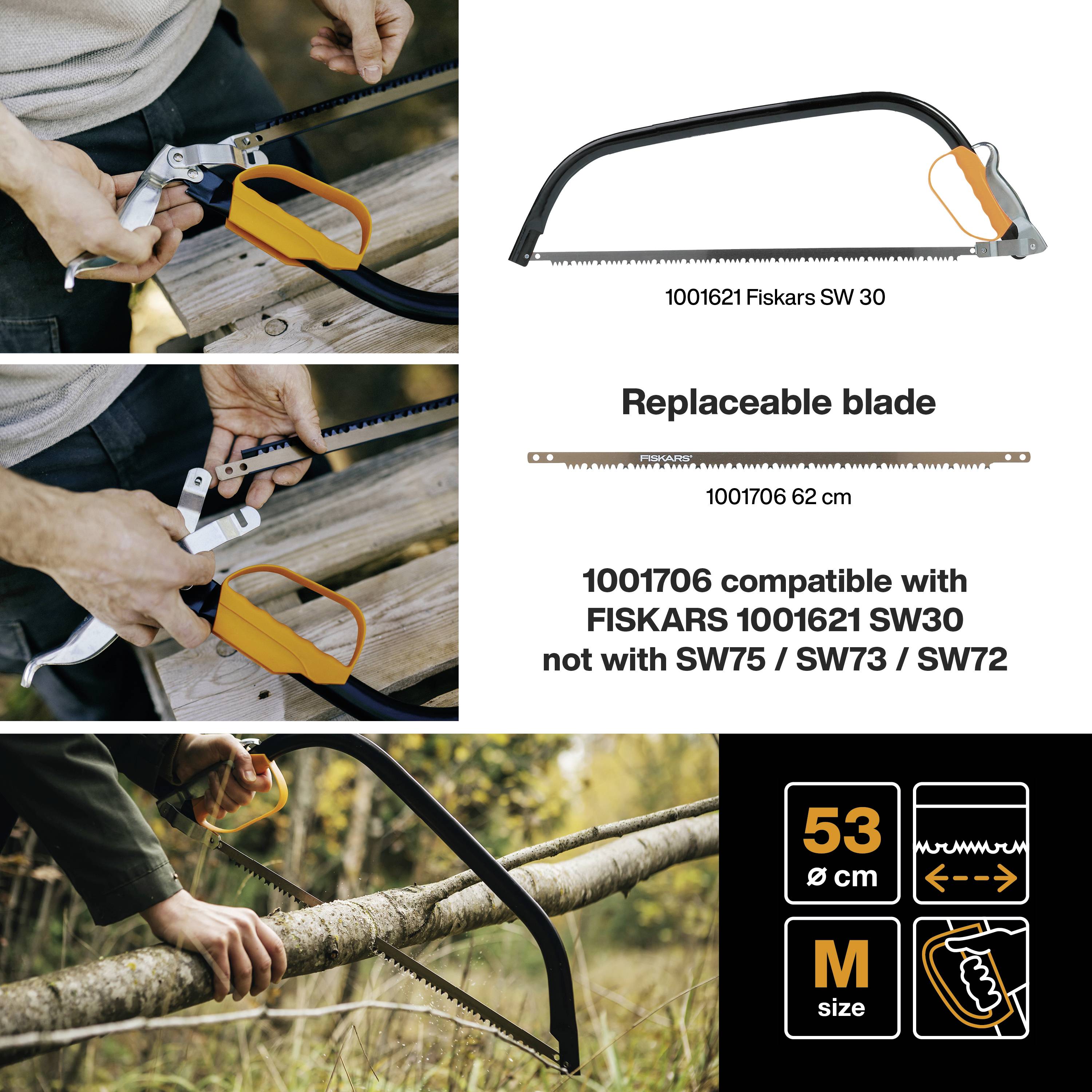 Mężczyzna używa piły ręcznej z zapasowym ostrzem. Na ilustracji przedstawiono dwa ostrza zapasowe: 1001621 (SW30, 62 cm) oraz 1001706 (SW73/SW72, 62 cm).
