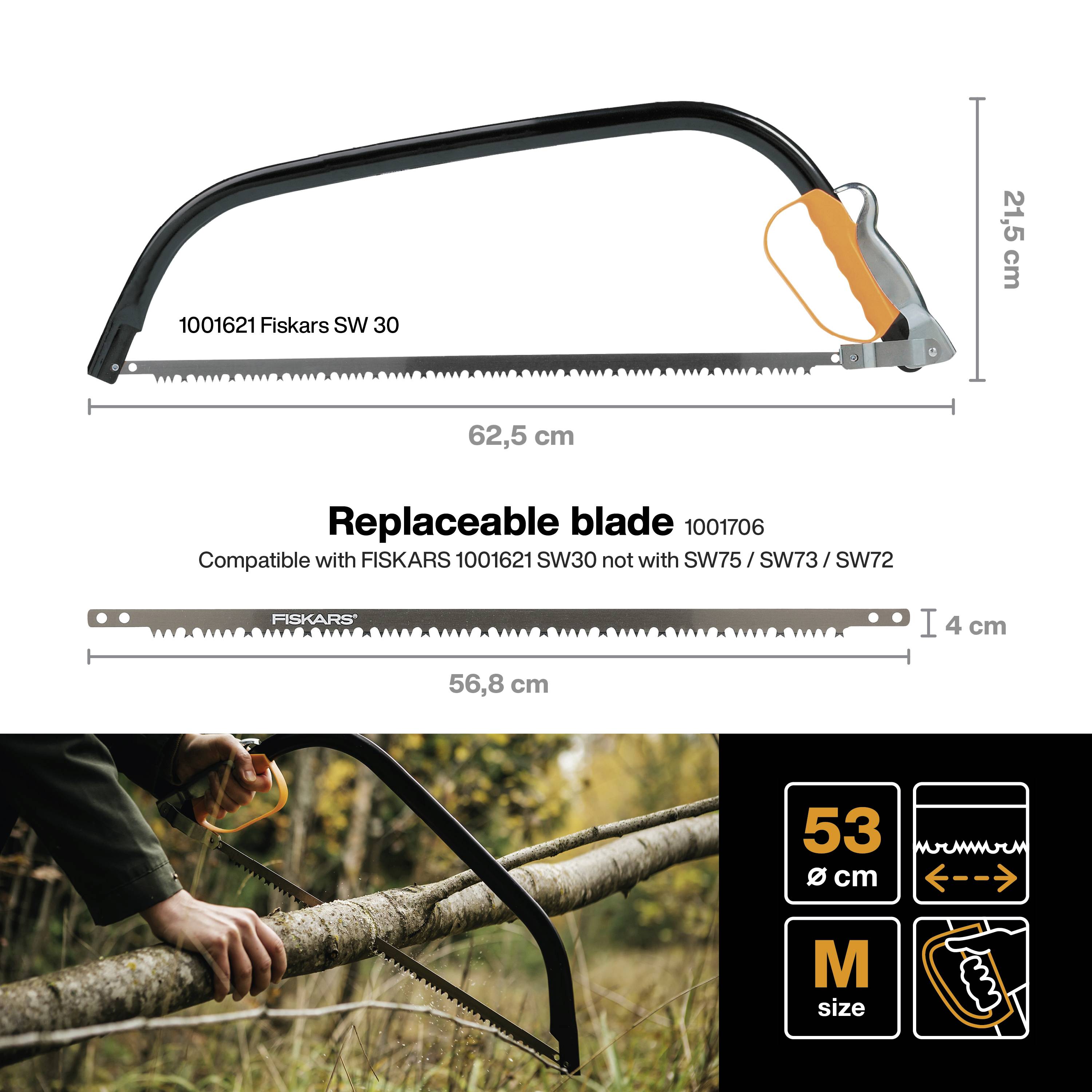 Piła łukowata z wymiennym ostrzem o wymiarach (62,5 cm x 21,5 cm). Odpowiednia do gałęzi o średnicy do 5,3 cm.