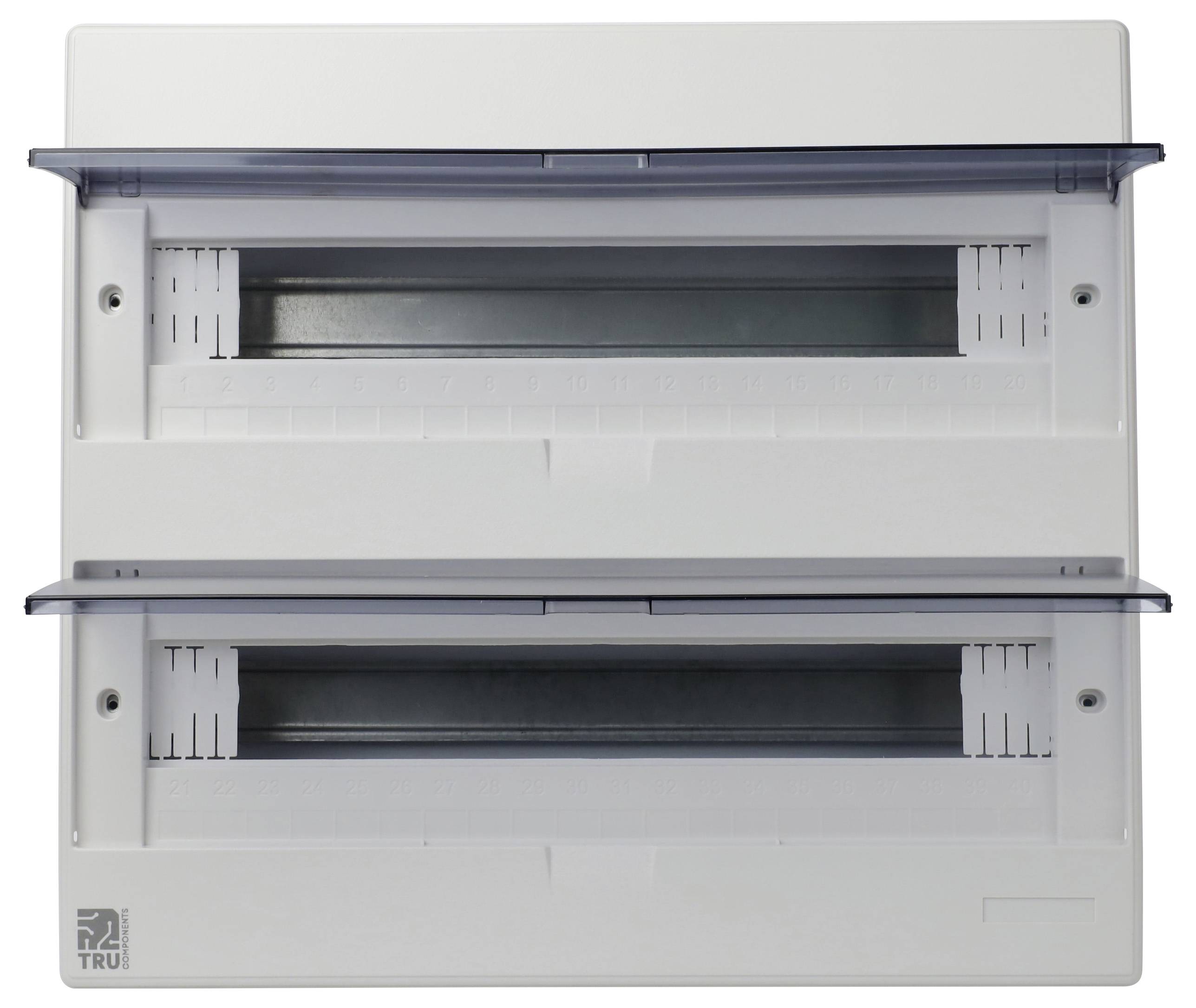 Tablica elektryczna z dwoma rzędami wyłączników automatycznych, wyposażona w przezroczyste osłony i minimalistyczny biały design.