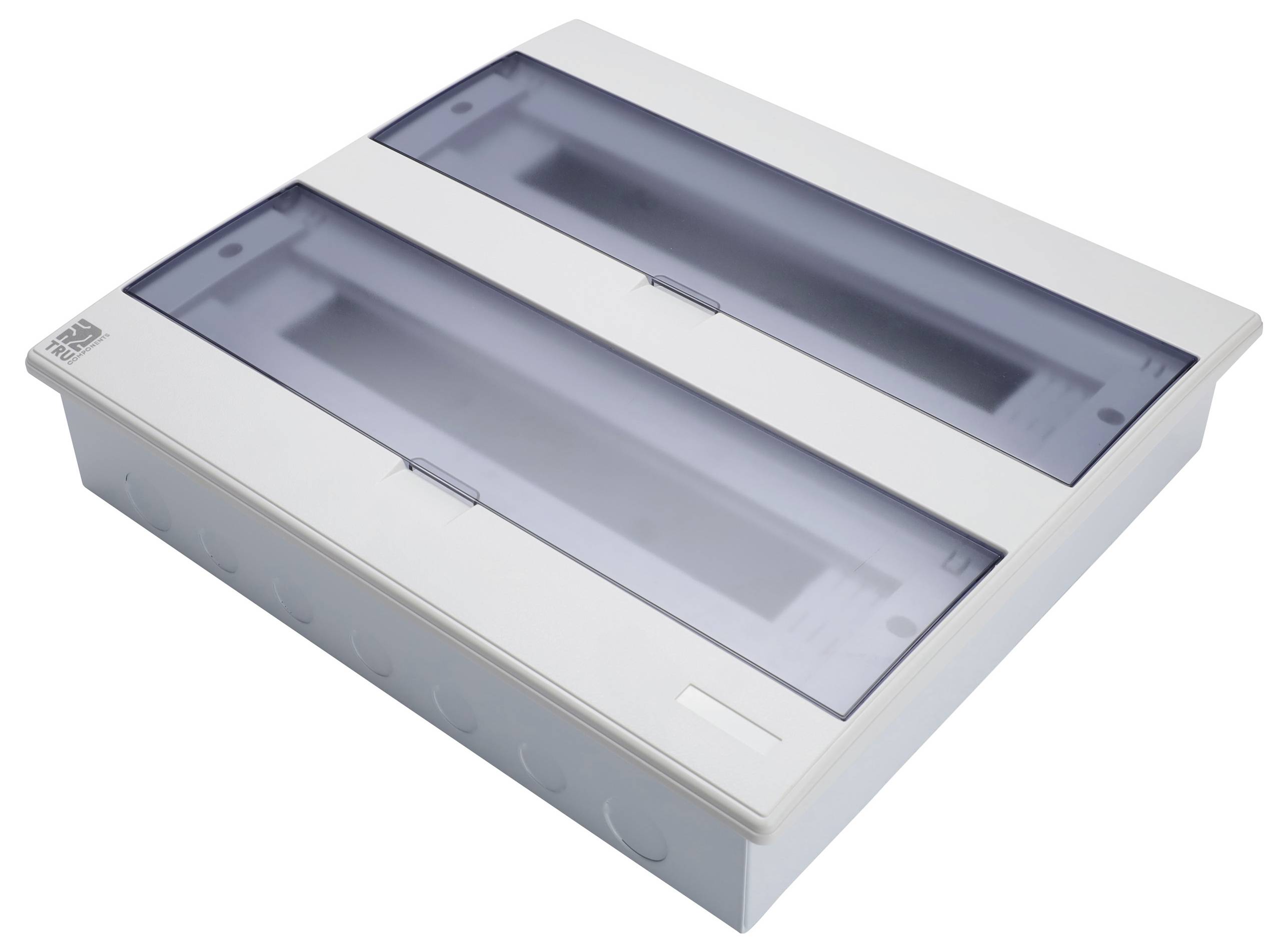 Białe elektryczne pudełko rozdzielcze z dwoma przezroczystymi niebieskimi klapkami na zawiasach, służące do osłony i organizacji połączeń elektrycznych.