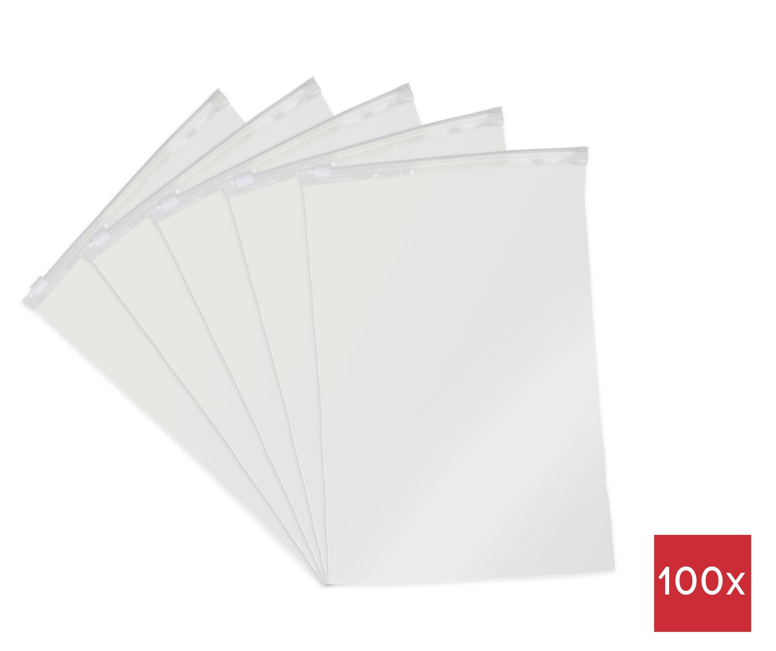 Stos pięciu przezroczystych plastikowych woreczków strunowych rozłożonych wachlarzowato. Czerwona etykieta z napisem '100x' w prawym dolnym rogu wskazuje na ilość w opakowaniu.