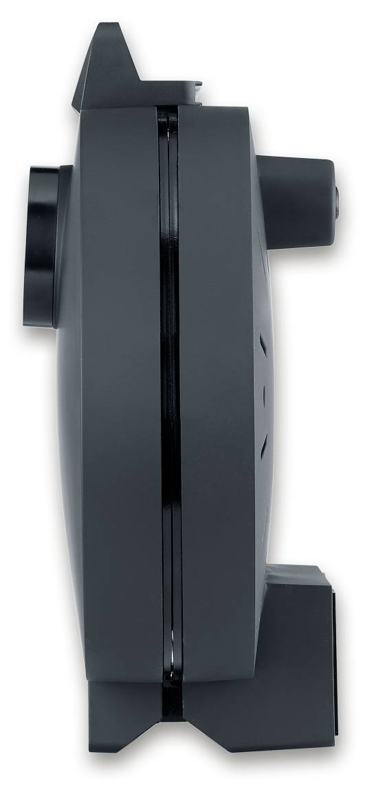 Widok z profilu czarnego urządzenia kuchennego, prawdopodobnie opiekacza do kanapek lub gofrownicy, z widocznymi uchwytami i zawiasami.