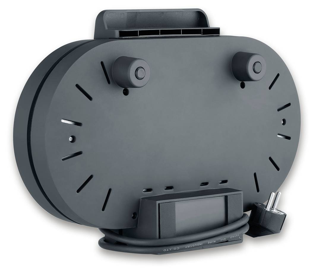 Tylna strona szarej podstawy urządzenia elektrycznego z nawiniętym przewodem i gniazdem zasilającym.