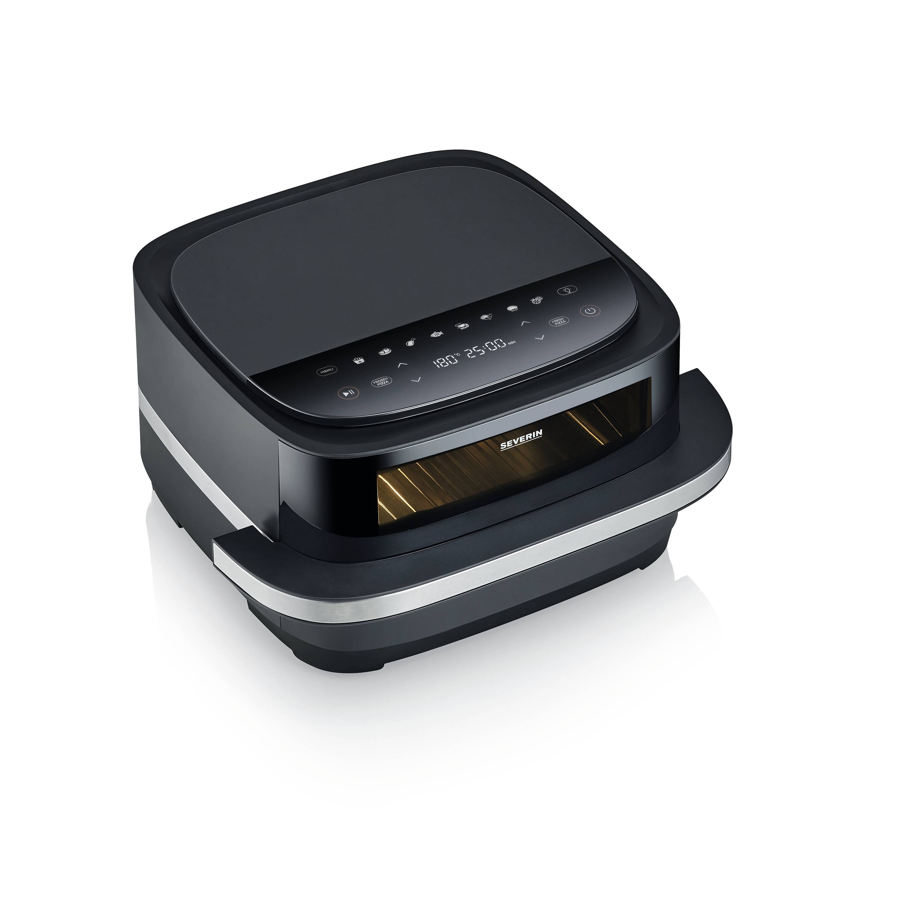 Czarna frytkownica powietrzna z wyświetlaczem cyfrowym i zamkniętą klapką, stojąca na gładkiej powierzchni.