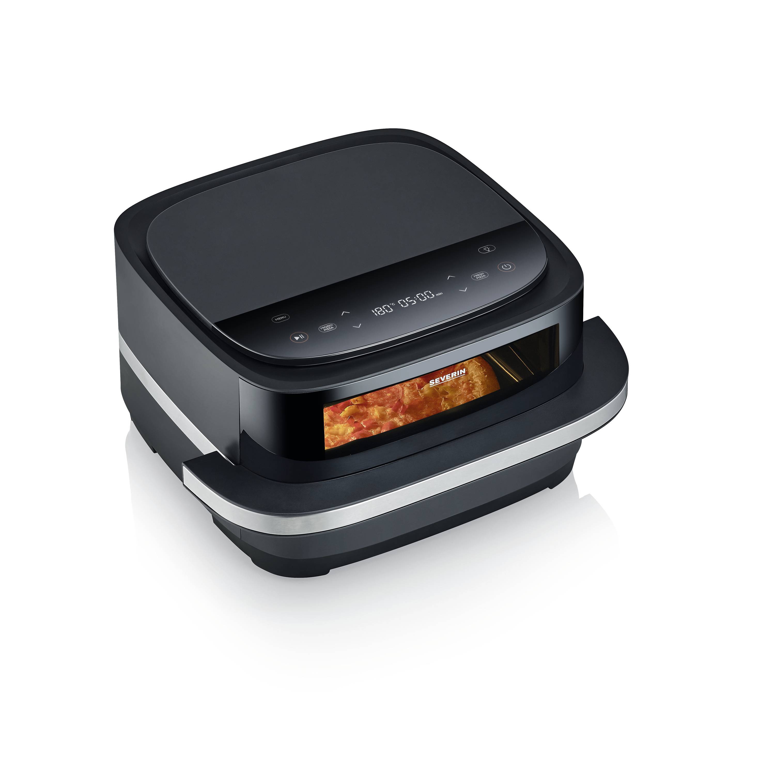 Kompaktowy, czarny piec z wyświetlaczem cyfrowym, który piecze pizzę. Widok z przodu z widocznym, podświetlonym oknem piekarnika.