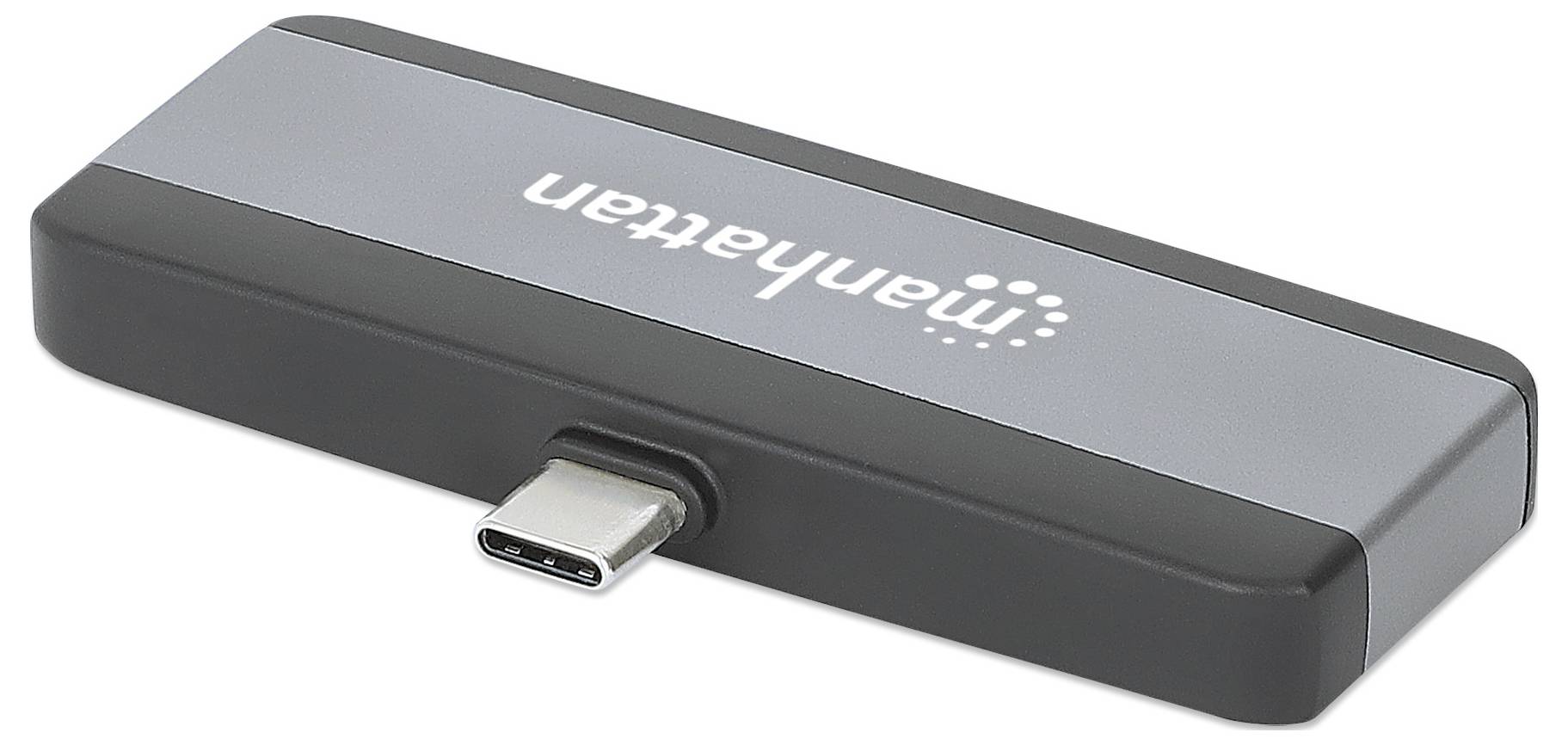 Adapter z wtyczką USB-C i szarą obudową, marka 'Manhattan'.