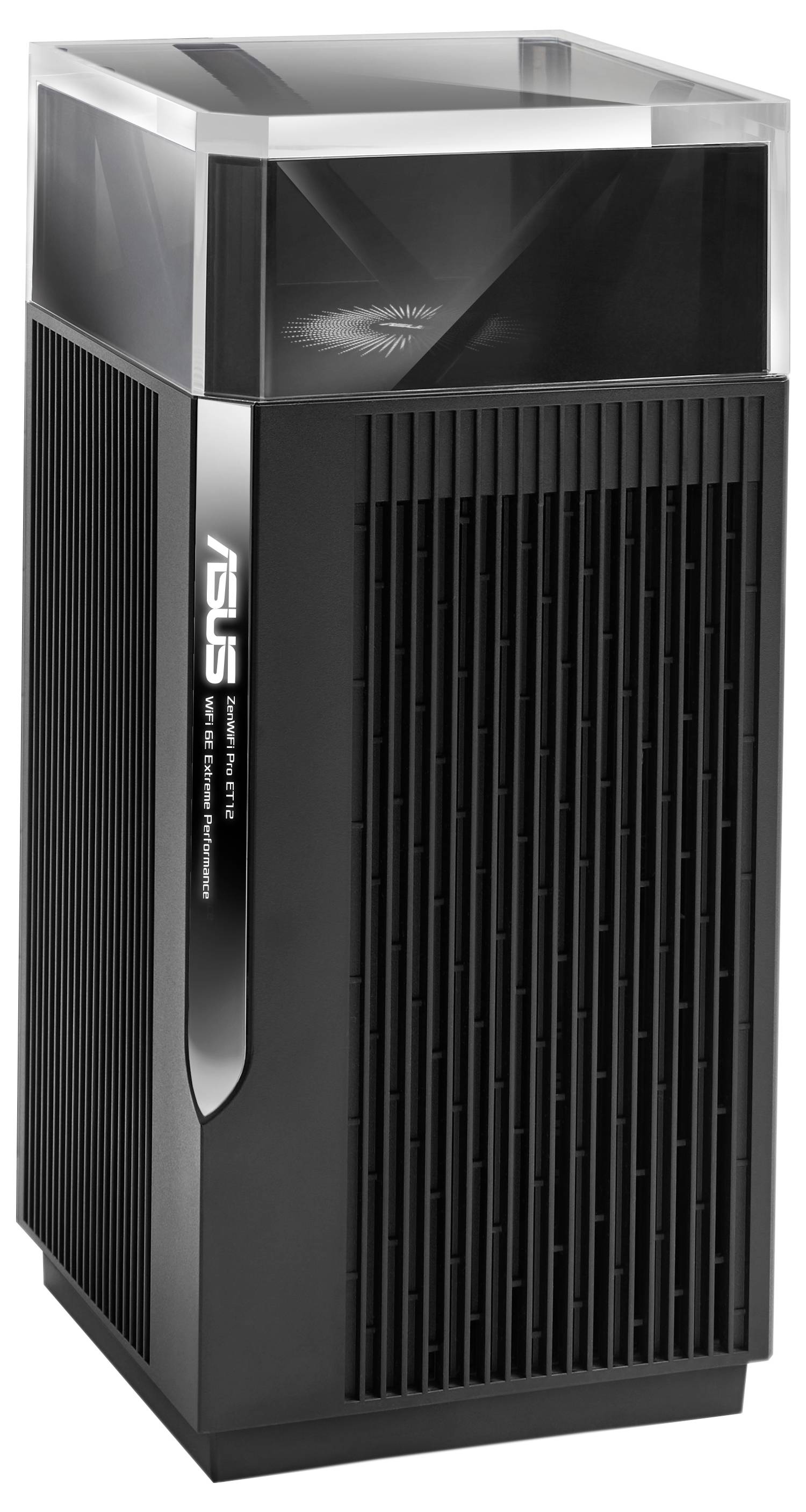 Czarny komputer stojący w obudowie z pionowymi otworami wentylacyjnymi z przodu, z logo marki 'Asus' z boku, w nowoczesnym designie z przezroczystą górną pokrywą.