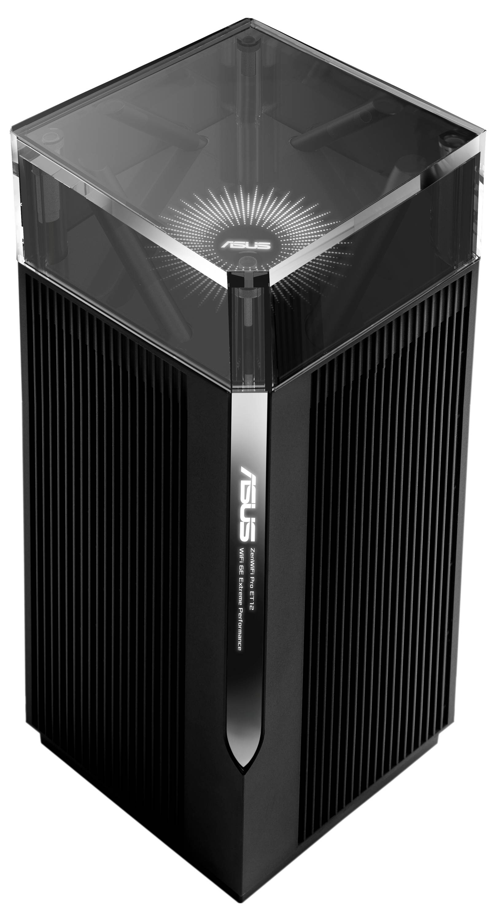 Czarny, wieżowy router Asus z połyskującą, przezroczystą pokrywą. Dioda LED na szczycie z charakterystycznym wzorem. Posiada szczeliny wentylacyjne po bokach.