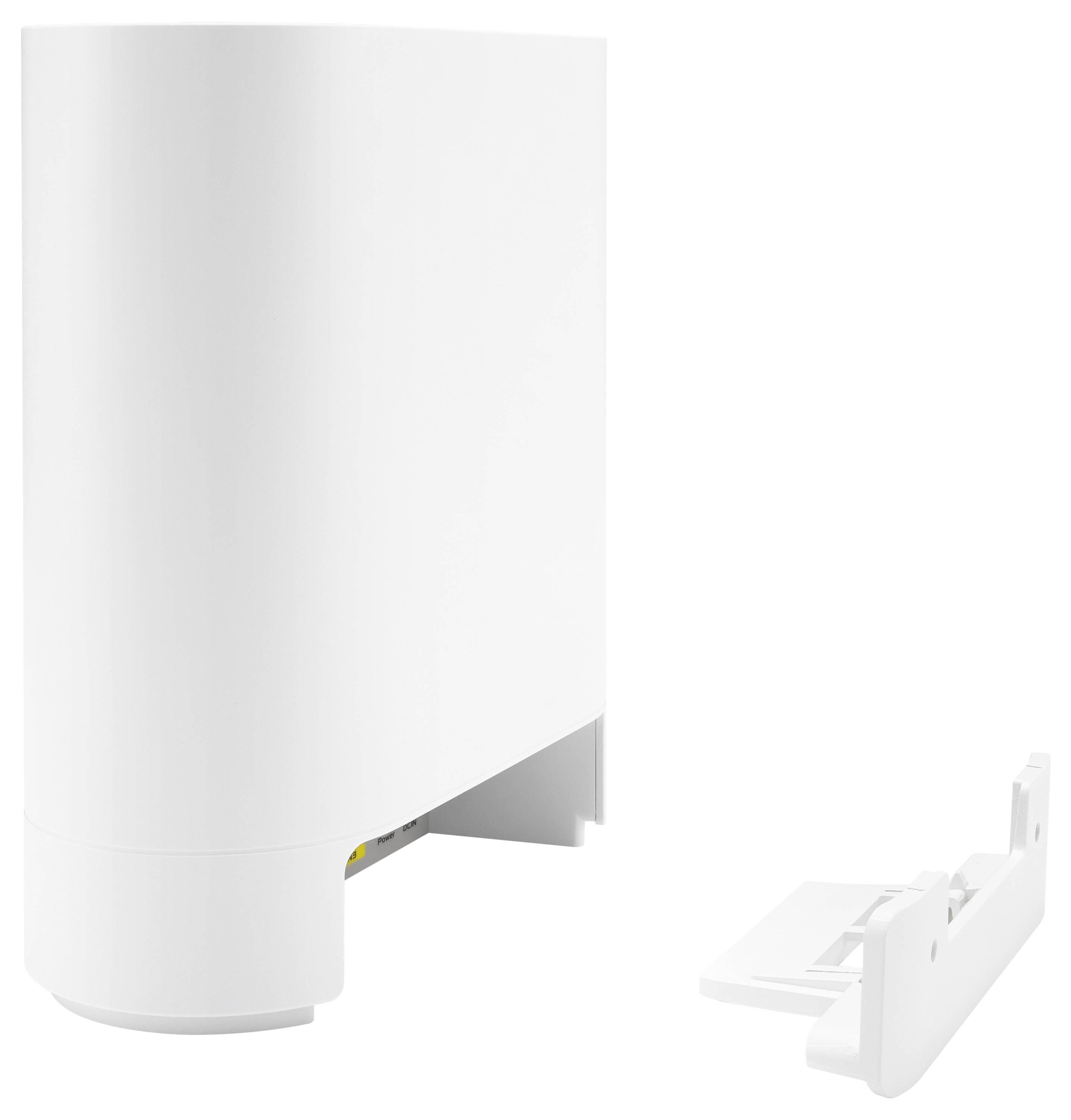 Biały, cylindryczny router o zaokrąglonych krawędziach, obok niego zdejmowany biały uchwyt.