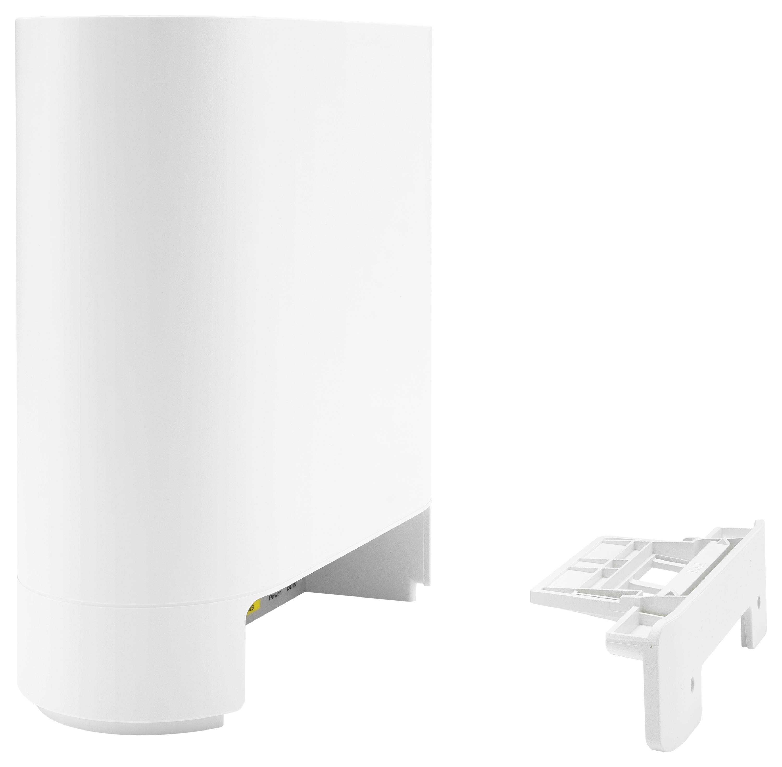 Biały router wieżowy z osobnym elementem mocowania ściennego. Router ma smukły, cylindryczny kształt z gładką powierzchnią.