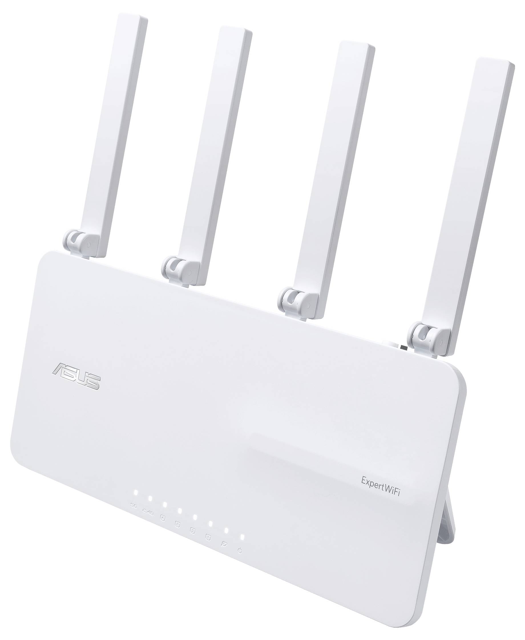 Biały router WiFi z czterema antenami. Widoczne oznaczenia 'ASUS' i 'ExpertWiFi'. Minimalistyczny, nowoczesny design.