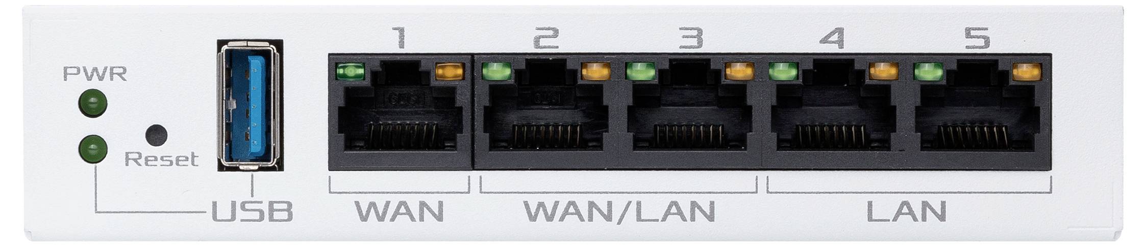 Tylna strona routera z pięcioma portami Ethernet (WAN, WAN/LAN, LAN) oraz gniazdem USB. Po lewej stronie znajdują się przyciski zasilania (PWR) i resetowania.