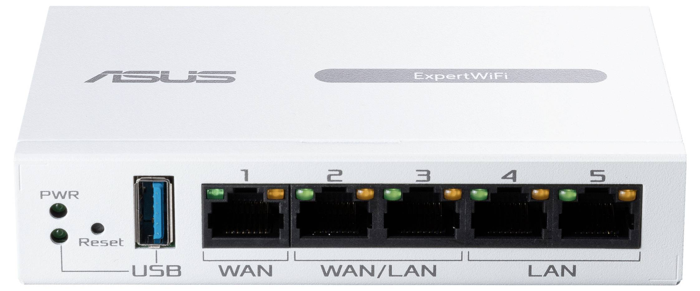 Router sieciowy Asus z portem USB, przyciskiem resetowania oraz pięcioma portami LAN/WAN do przewodowych połączeń internetowych.