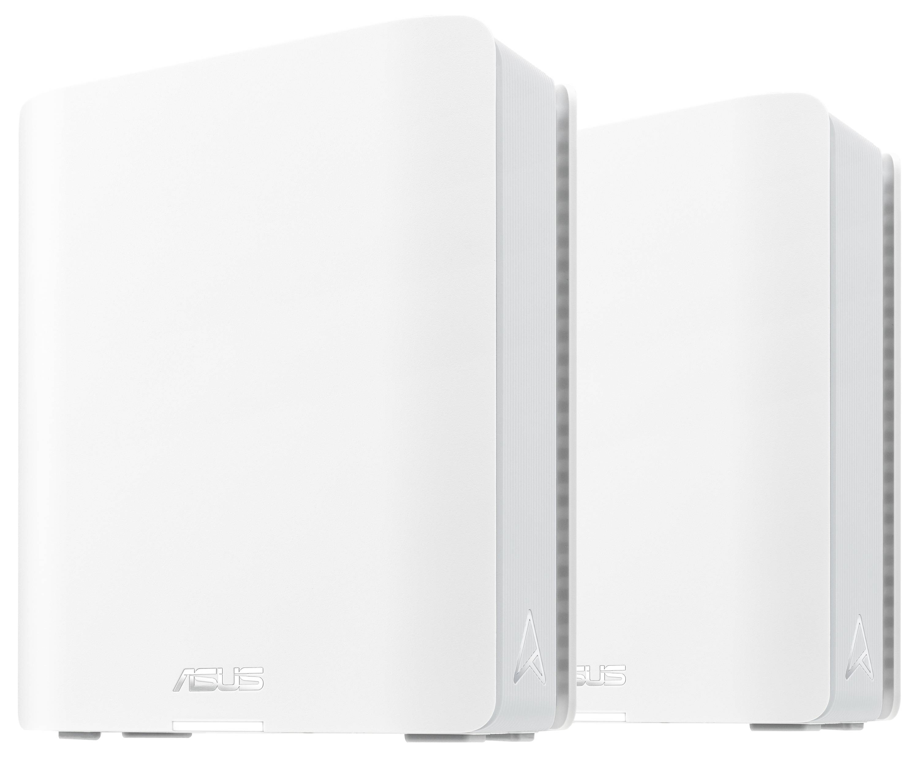 Dwa białe routery ASUS stoją obok siebie. Mają prosty, nowoczesny design z zaokrąglonymi narożnikami.