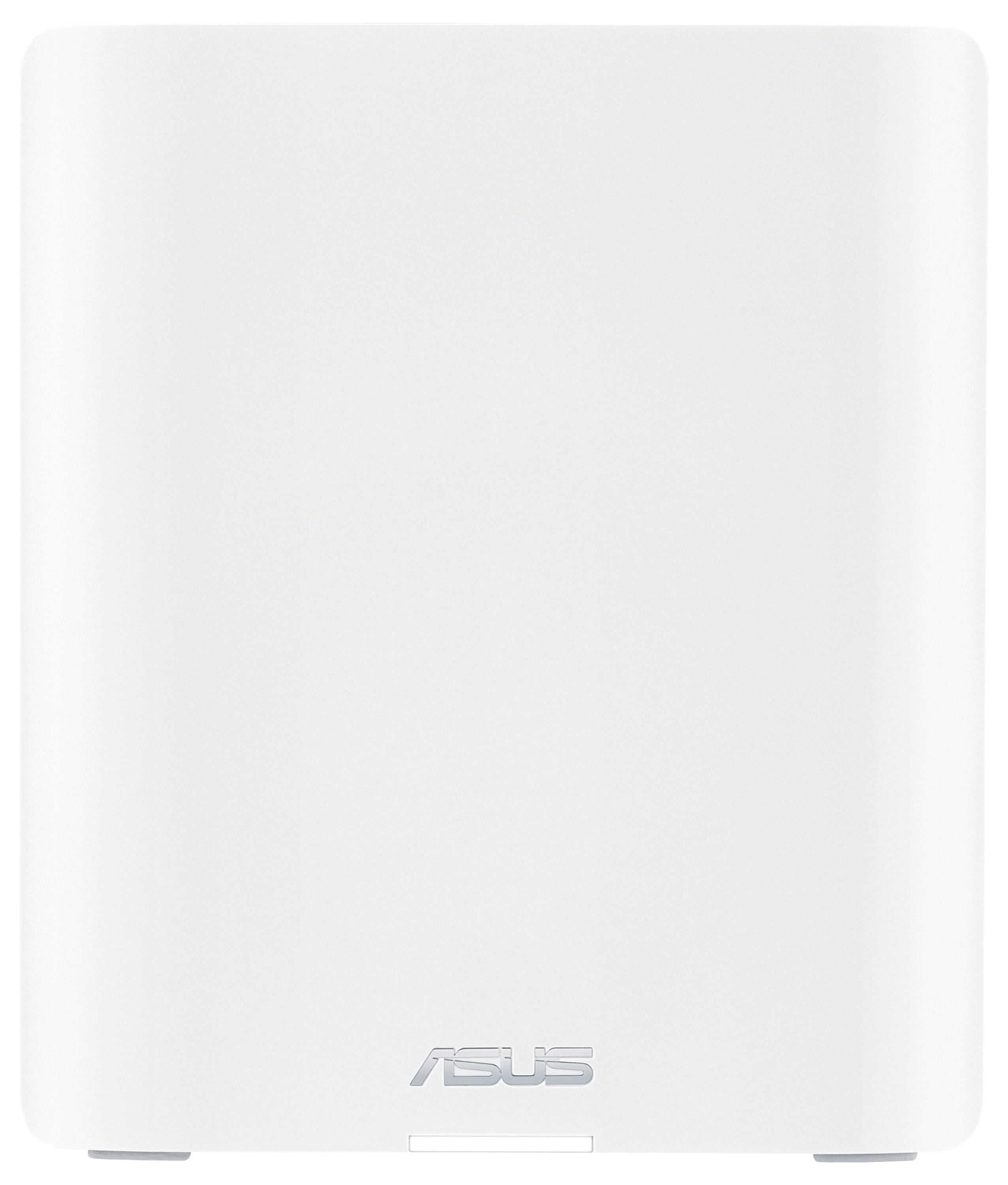 Biały router ASUS w kształcie prostokąta, widoczny od przodu, bez widocznych elementów sterujących lub złączy.
