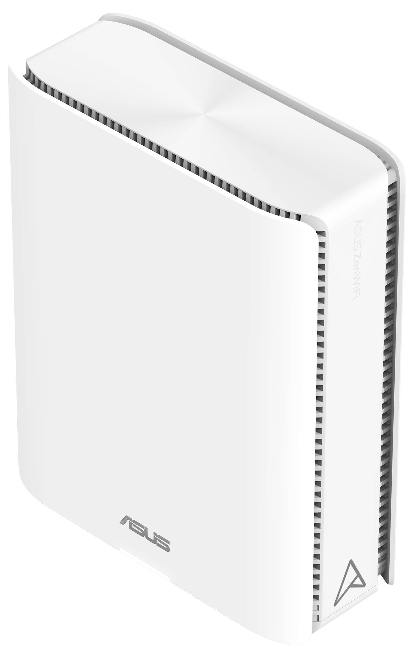 Biały router Wi-Fi Asus z pionowymi żeberkami chłodzącymi, bocznym przyciskiem zasilania i dekoracyjnym logo.