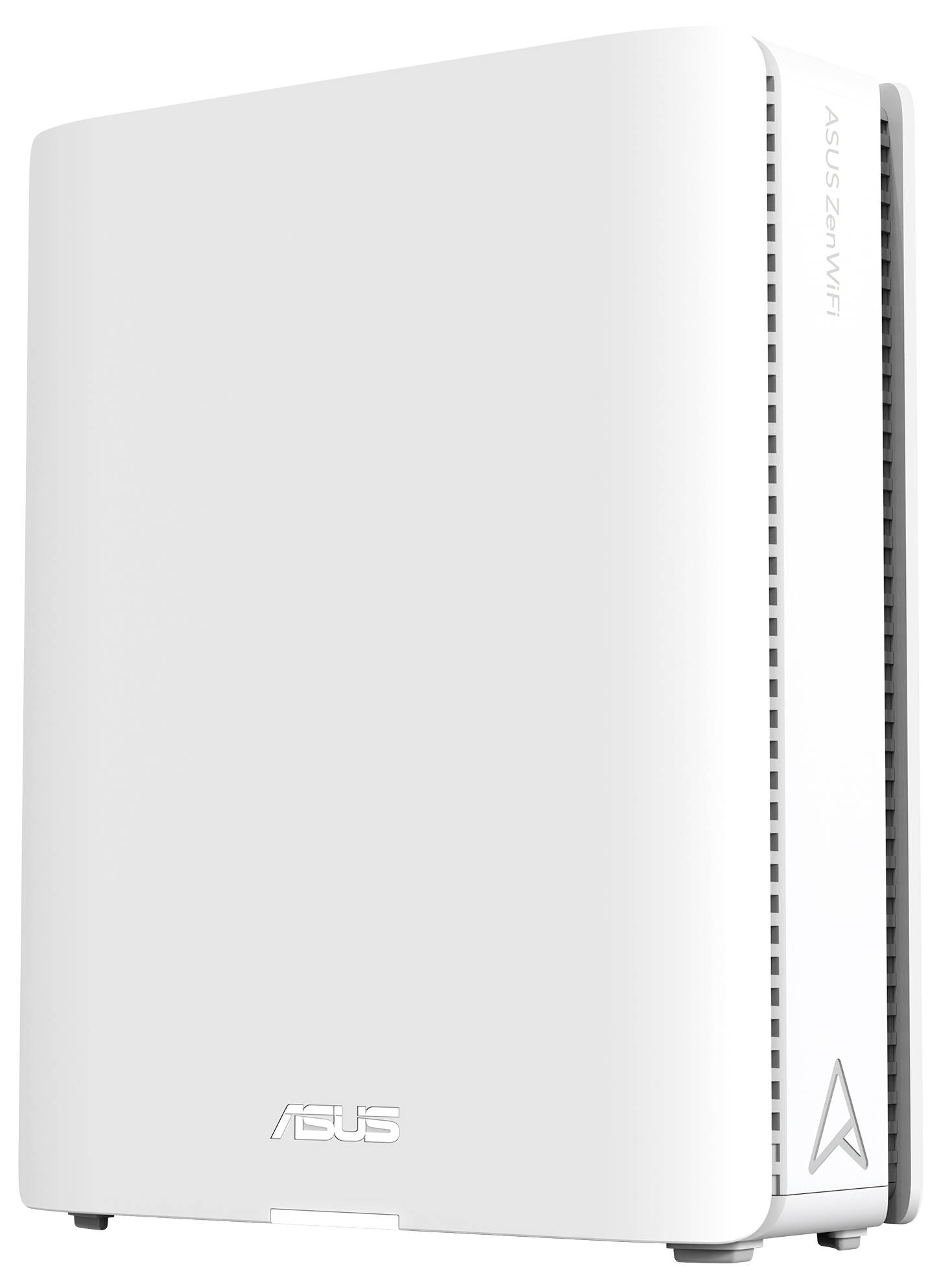 Biały router ASUS ZenWiFi o smukłej, nowoczesnej sylwetce, z pionowymi otworami wentylacyjnymi z boku oraz logo marki na dole.