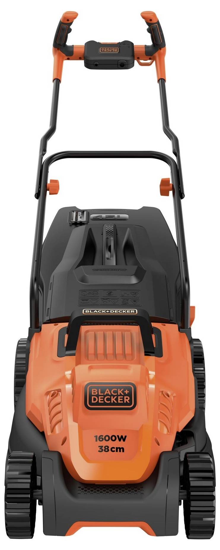 Kosiarka BLACK+DECKER, 1600W, szerokość cięcia 38 cm, widok z przodu, pomarańczowo-czarna, odpowiednia do ogrodów średniej wielkości.