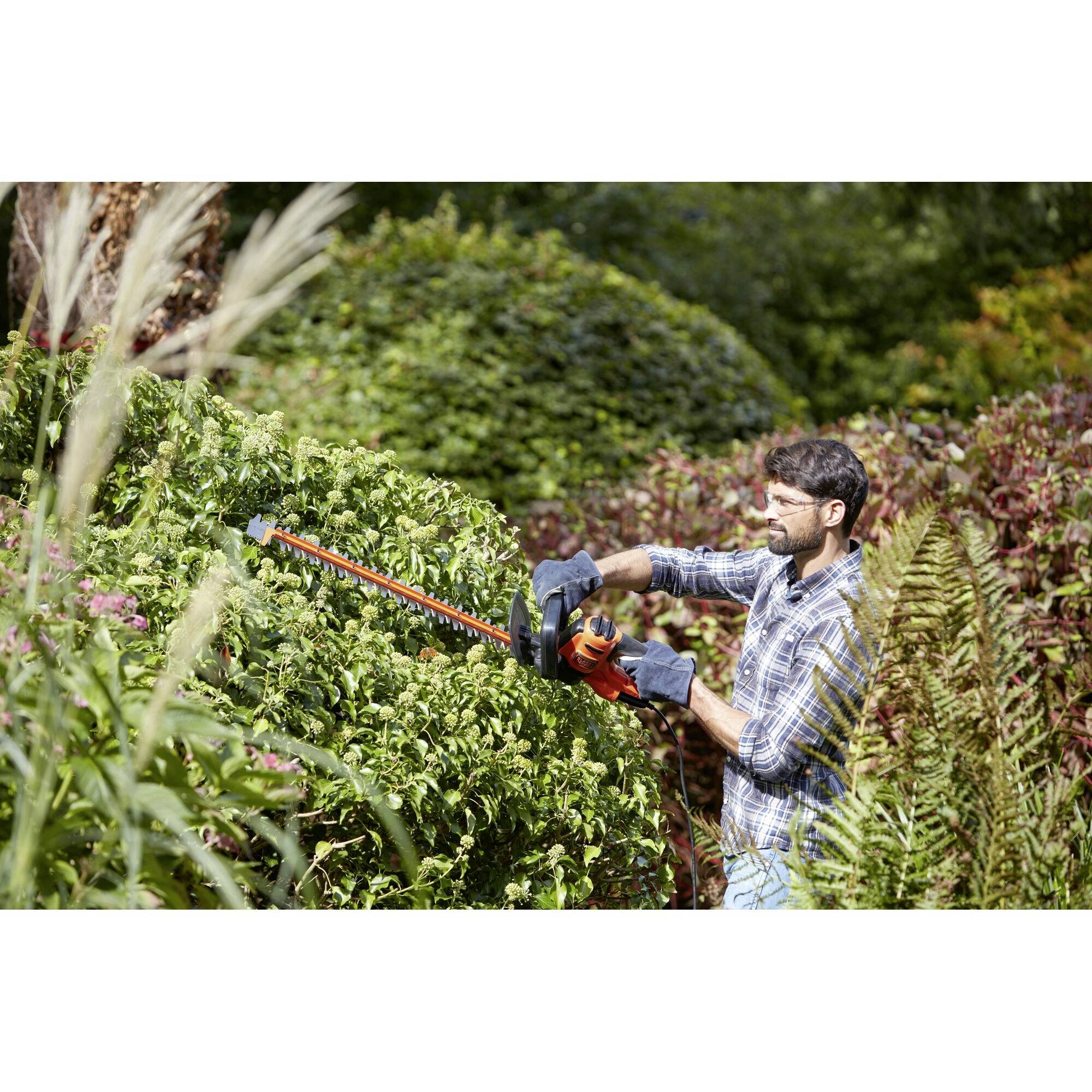 Mężczyzna przycina żywopłot elektryczną sekatorką w zielonym ogrodzie. Ubrany jest w odzież ochronną i pracuje z dużą koncentracją.