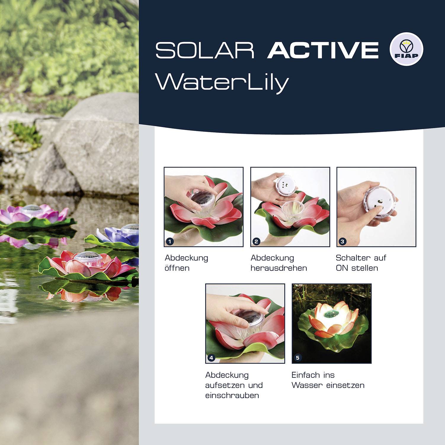 'Solar WaterLily': Zdjęcie przedstawia solarne lampy w kształcie lilii wodnych unoszące się na wodzie. Instrukcje montażu i aktywacji świateł.
