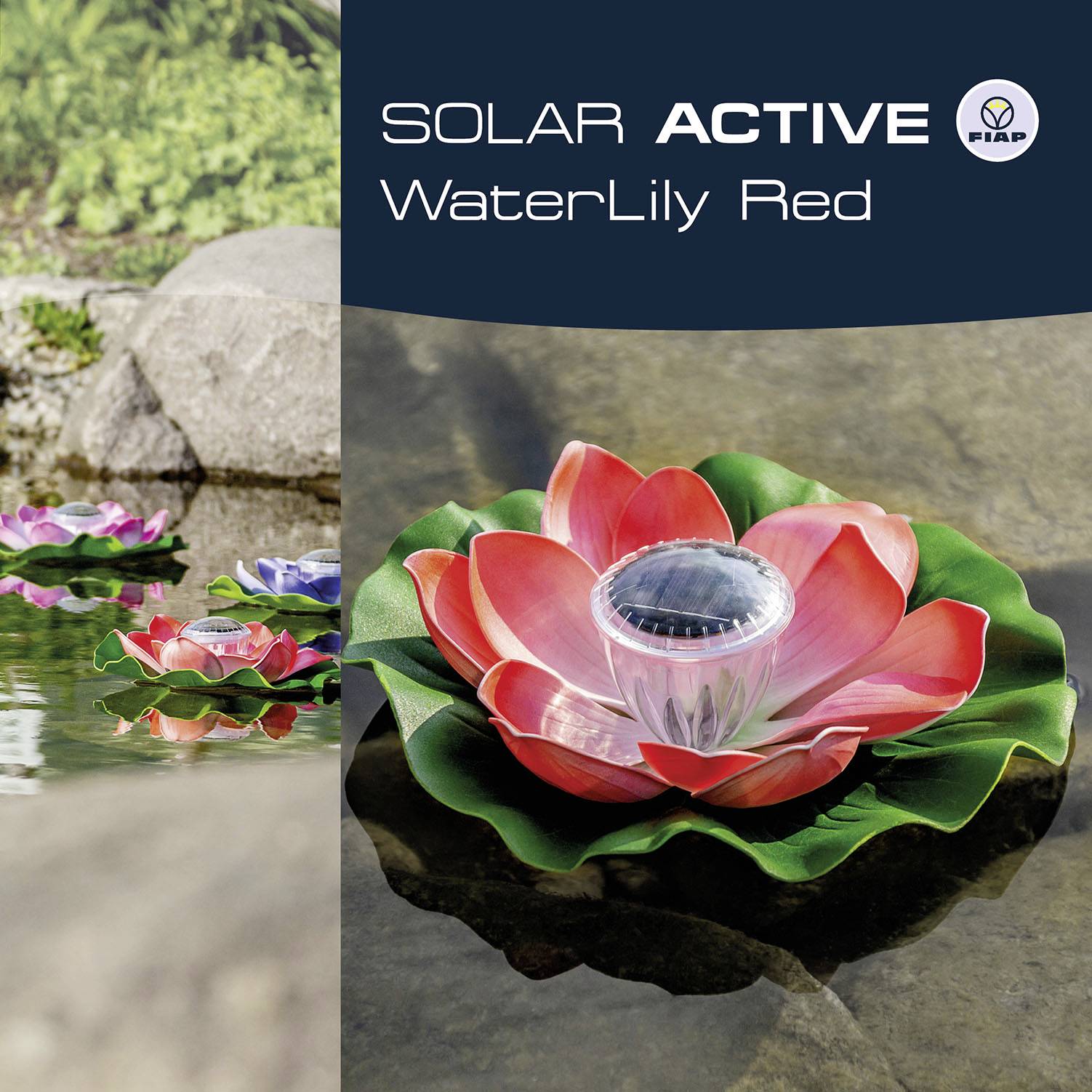 'Solar Active WaterLily Red', pływająca lampa solarna w kształcie czerwonej lilii wodnej, umieszczona na stawie.