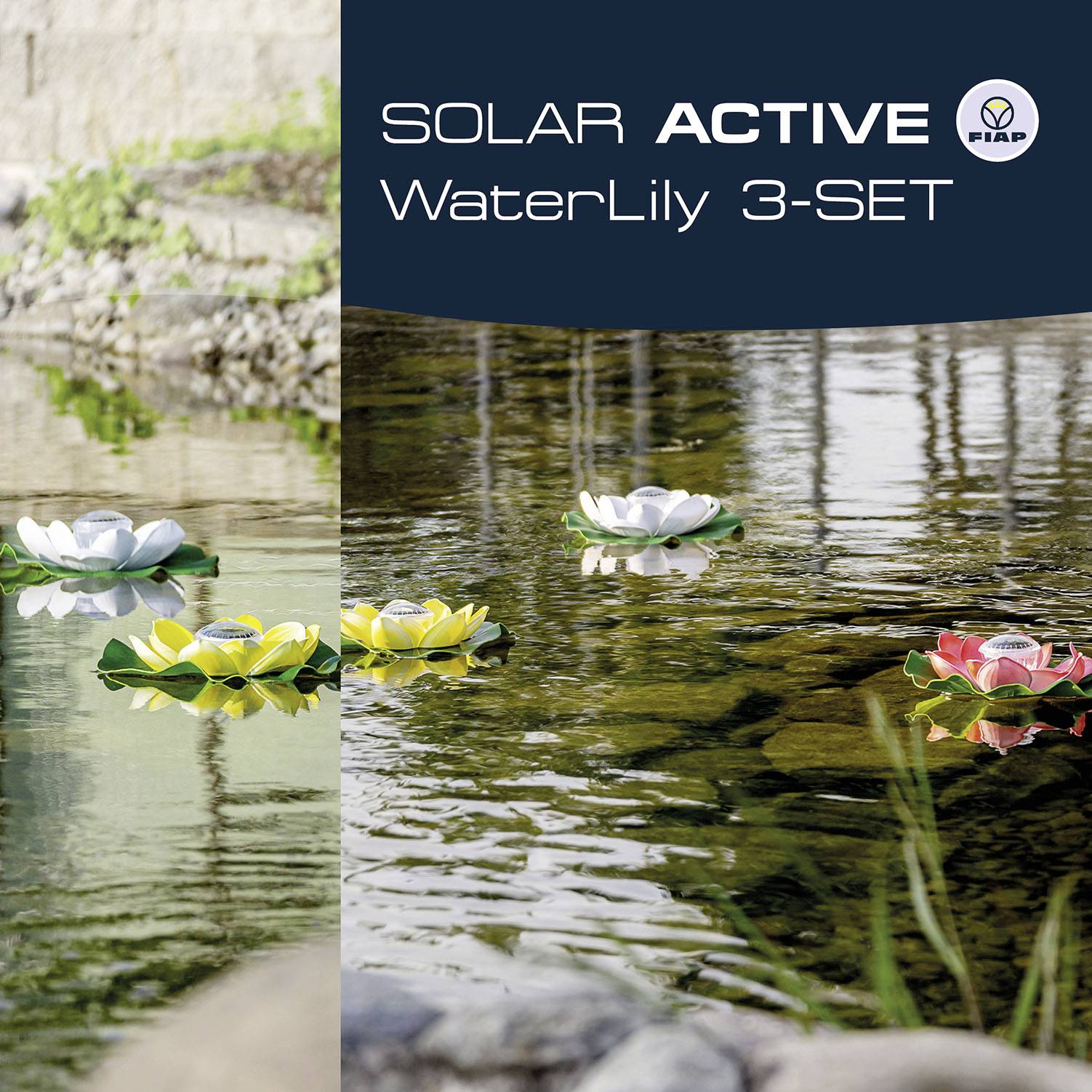 Zestaw 'FIBAR' Solar Active WaterLily 3-SET: Trzy pływające solarne lilie wodne w stawie, odbijające światło i kolory.