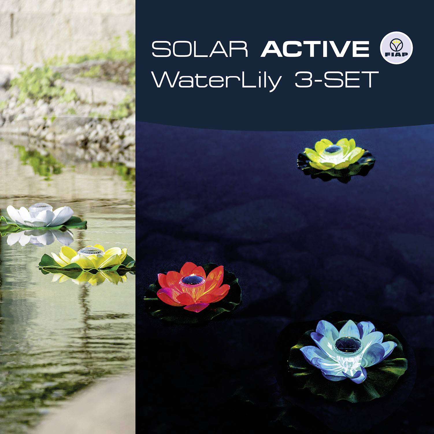 Ilustracja przedstawia pływające solarne wodne lilie w kolorach niebieskim, żółtym, czerwonym i białym na stawie. Napis: 'SOLAR ACTIVE WaterLily 3-SET'.