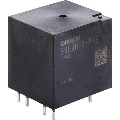 Prostokątny element elektryczny z napisem 'OMRON G9EJH-1-P-E 12VDC'. Sześć metalowych styków od spodu.