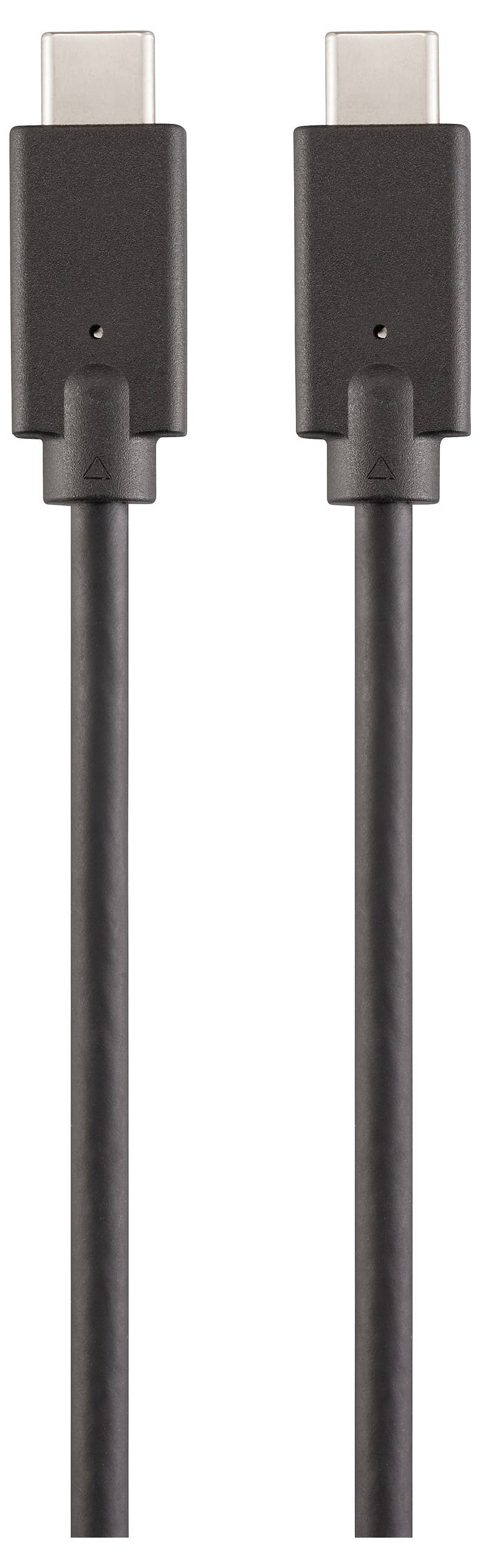 Czarny kabel USB-C do USB-C z dwoma złączami, odpowiedni do ładowania i przesyłania danych między kompatibilnymi urządzeniami.