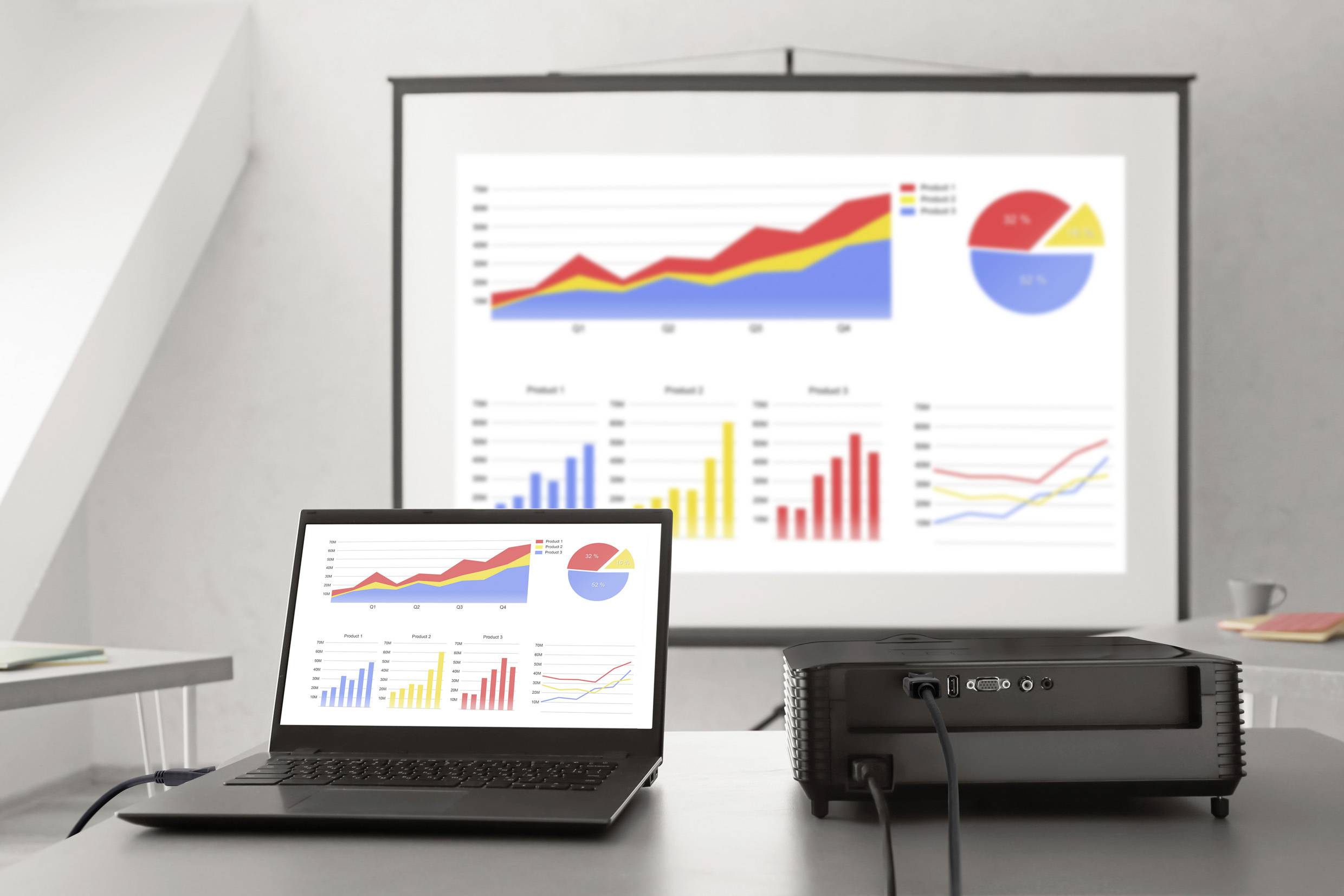 Laptop i projektor wyświetlają kolorowe wykresy i diagramy prezentujące trendy danych dla trzech projektów, w tym wykresy liniowe, słupkowe i kołowe.