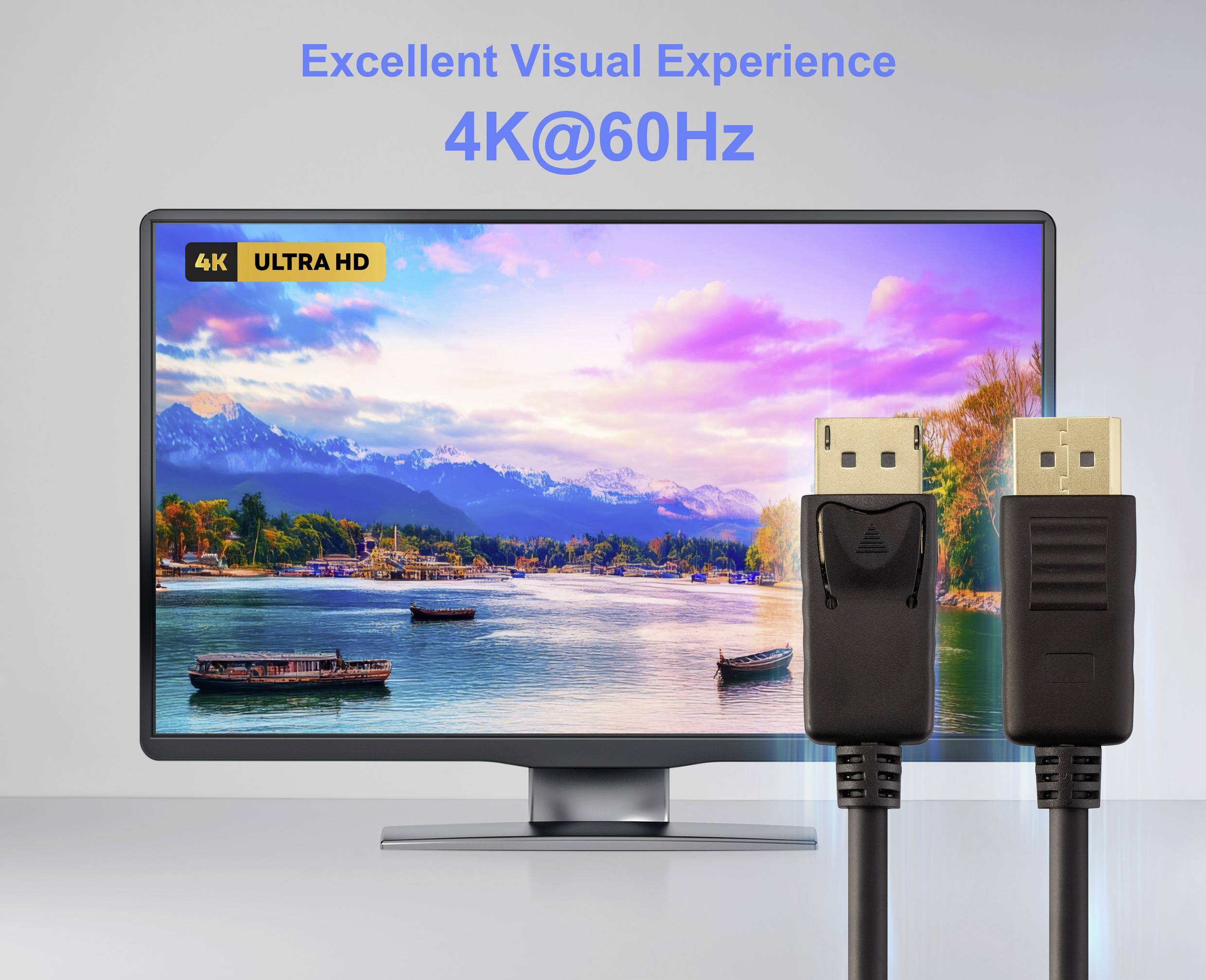 Monitor wyświetlający żywy widok jeziora i gór z etykietą '4K ULTRA HD'. Dwa kable HDMI znajdują się przed nim. Tekst: 'Doskonałe Wrażenia Wizualne 4K@60Hz'.