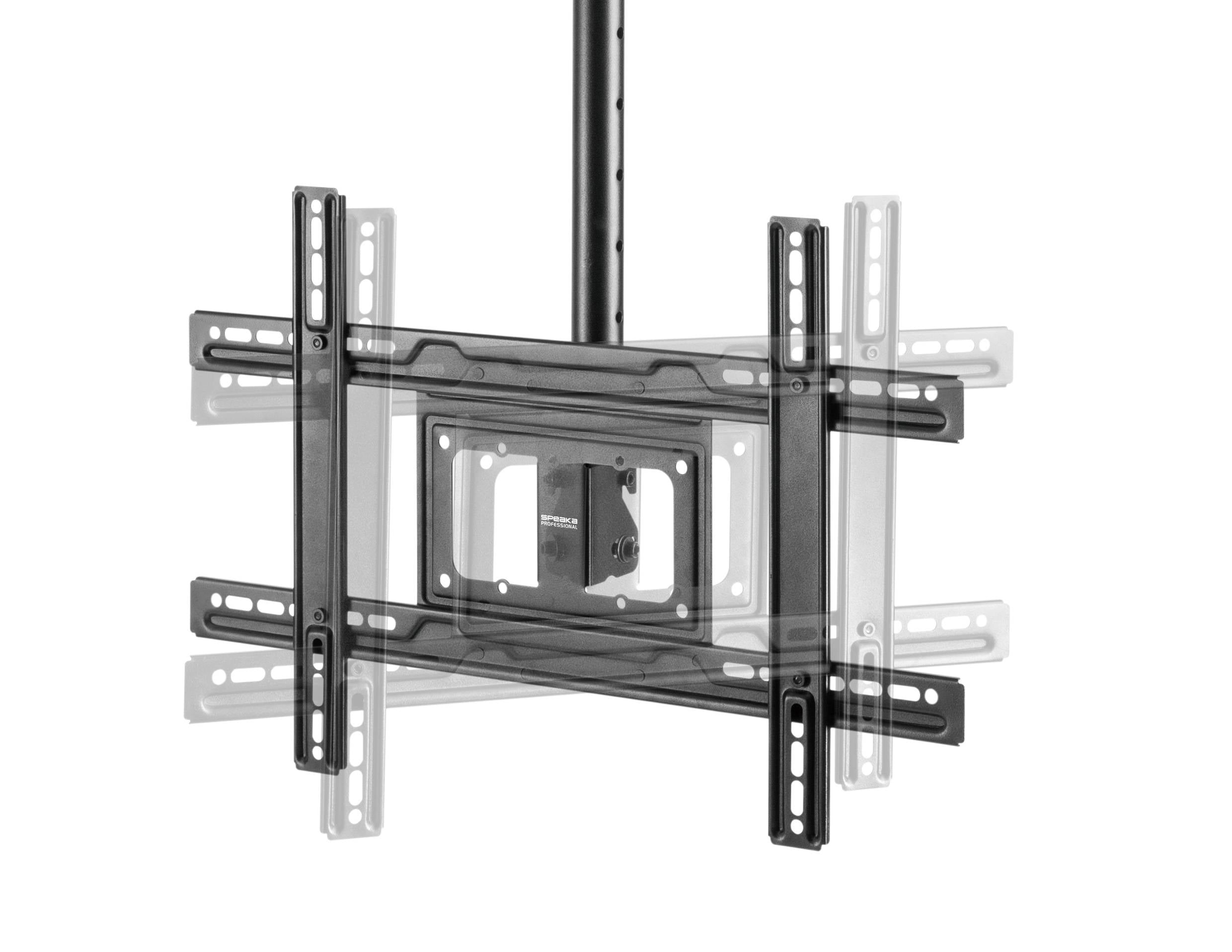 Uchylny sufitowy uchwyt do telewizora przedstawiający regulowane kąty nachylenia dla optymalnej elastyczności oglądania, z widocznymi wspornikami montażowymi i rurą nośną.