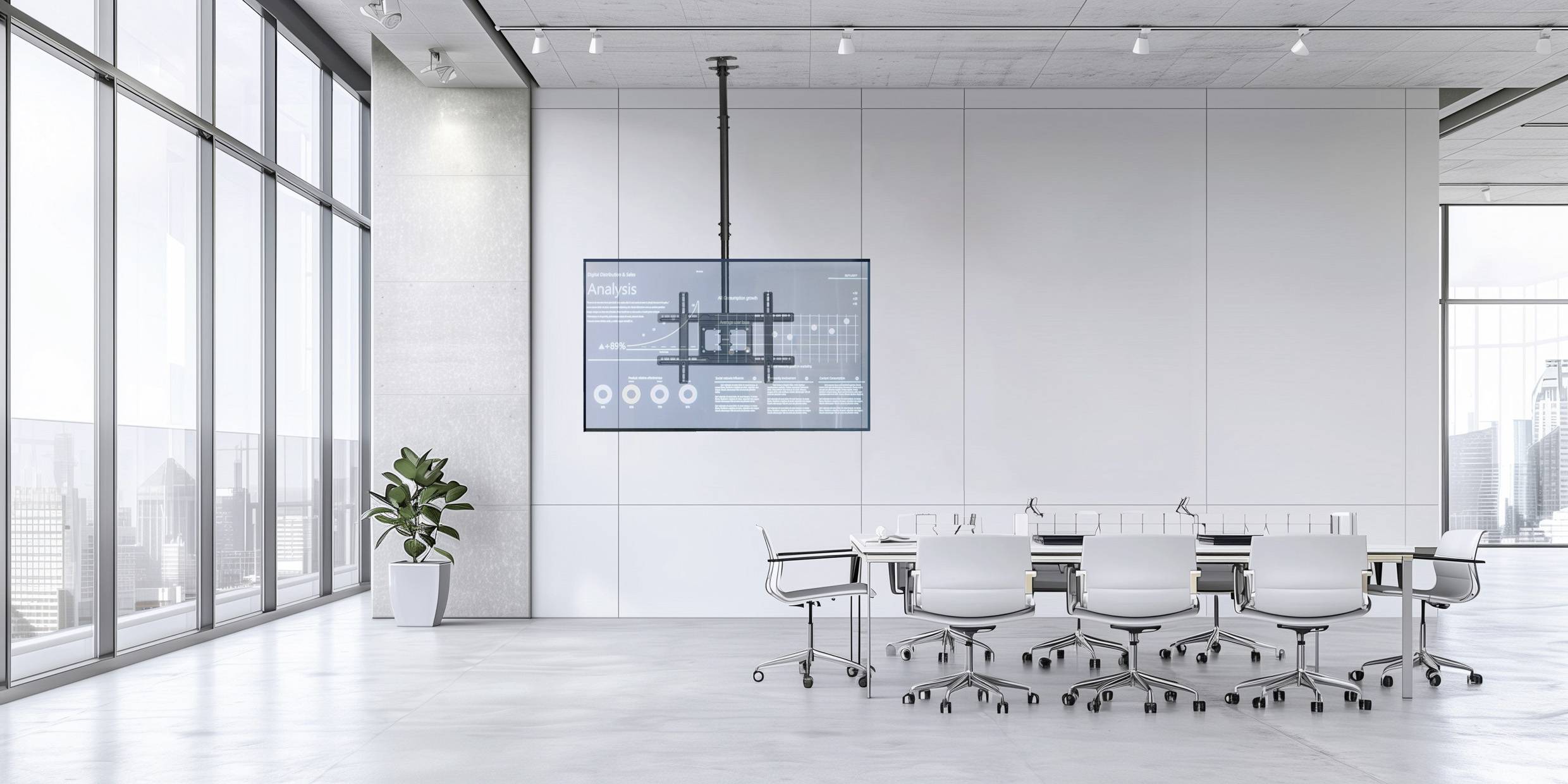 Nowoczesna sala konferencyjna z dużym oknem, stołem konferencyjnym, białymi krzesłami, zamontowanym na ścianie ekranem wyświetlającym wykres oraz doniczkową rośliną.