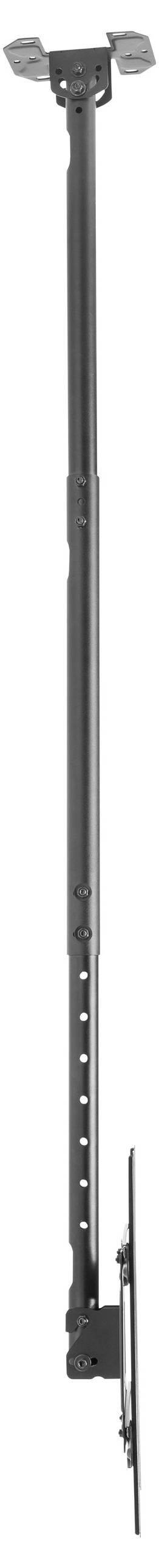 Czarny regulowany uchwyt sufitowy do projektora z wieloma ustawieniami kąta i wysięgnikiem teleskopowym.