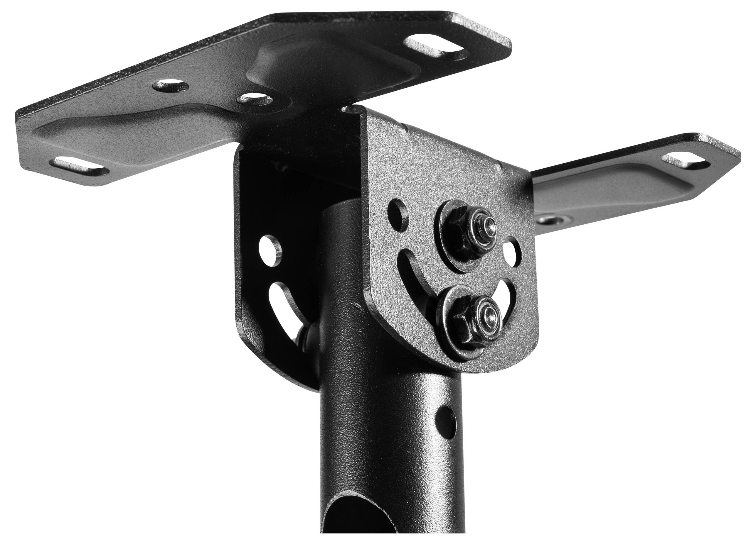 Czarny metalowy uchwyt składający się z dwóch płyt, jednej na górze i jednej na dole, połączonych cylindrycznym prętem. Używany do montażu lub podparcia.