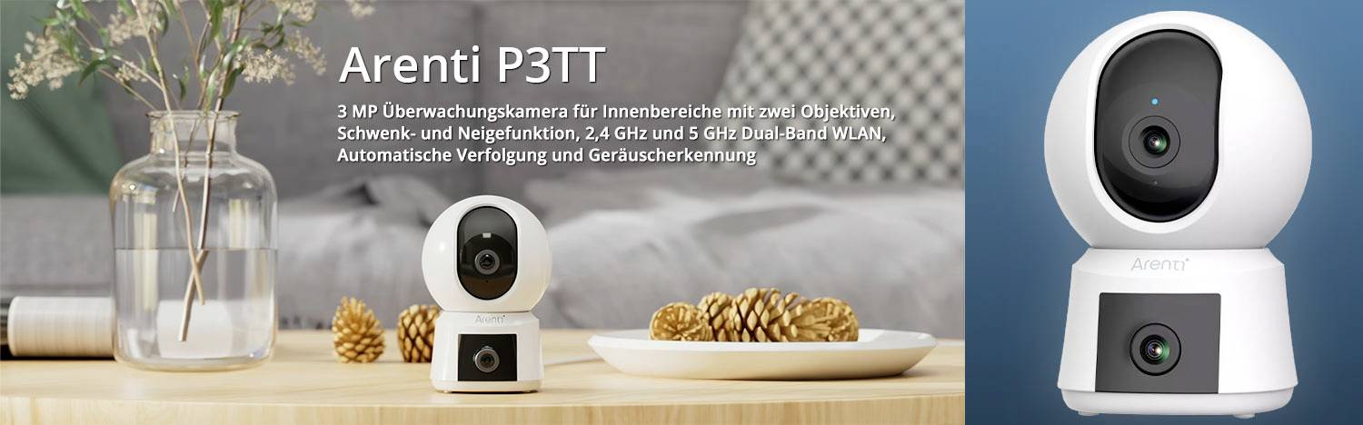 Kamera monitorująca Arenti P3TT na stole z dekoracją. Tekst: '3 MP, obrót obiektywu, 2,4/5 GHz, Wi-Fi, śledzenie ruchu i rozpoznawanie dźwięków'.