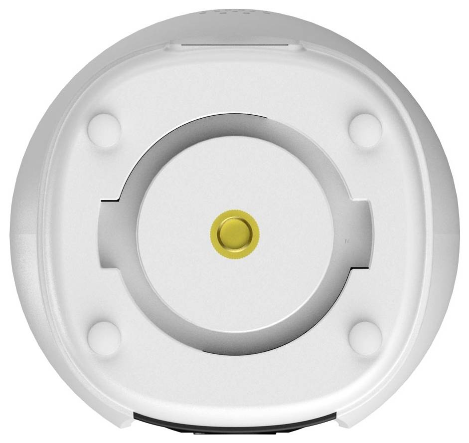 Biały czujnik dymu z centralnym żółtym przyciskiem, widok z góry.