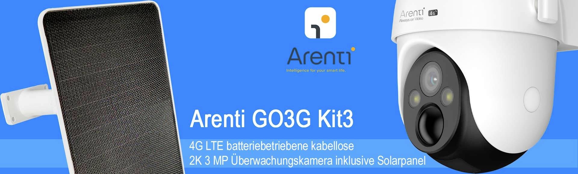 Reklama zestawu Arenti GO3G Kit3: Bezprzewodowa kamera monitorująca 2K 3 MP z zasilaniem bateryjnym i panelem słonecznym, działająca w sieci 4G LTE. Na zdjęciu widoczna kamera i panel solarny.
