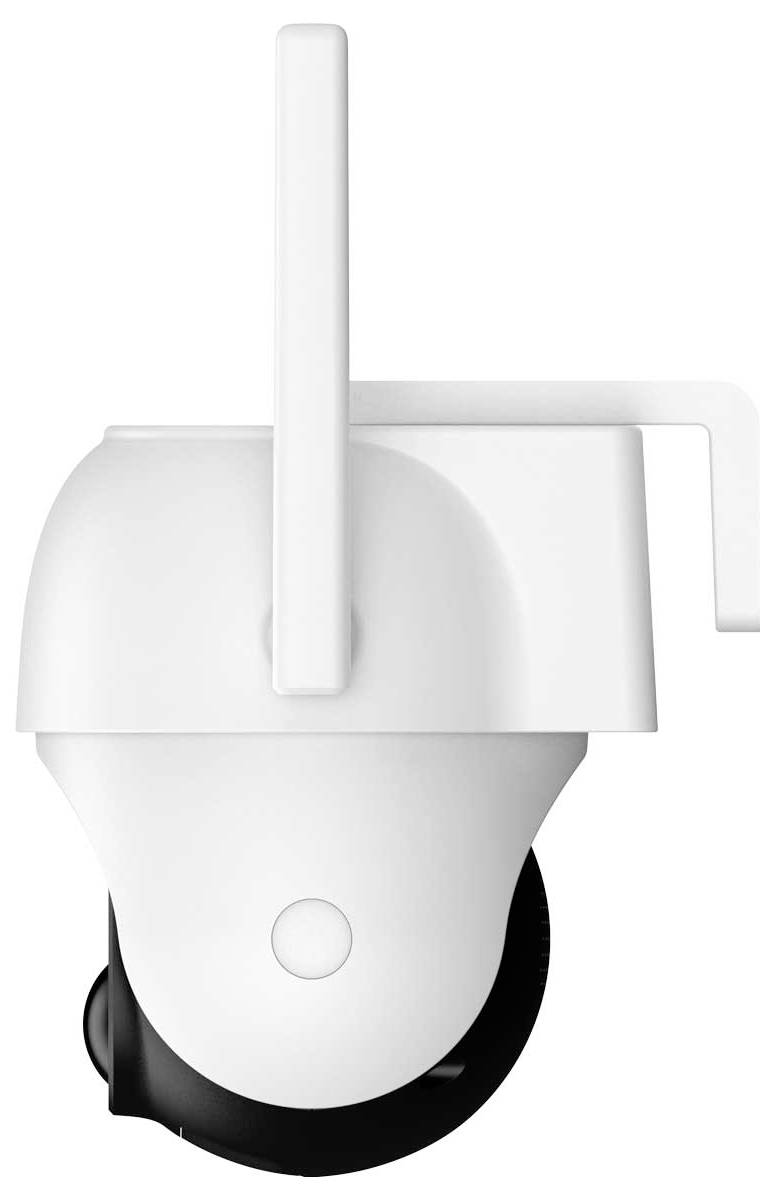 Biała kamera monitoringu z czarnym obiektywem, przeznaczona do montażu na ścianach lub sufitach, wyposażona w obrotową antenę poprawiającą sygnał.