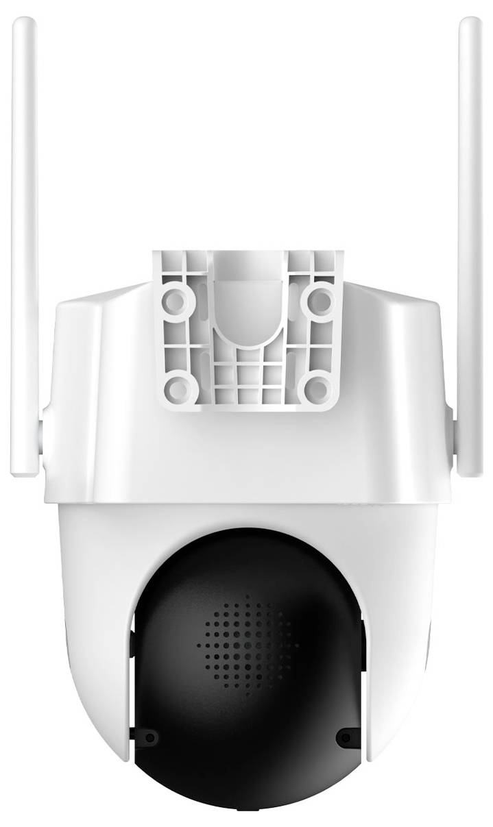 Biała, bezprzewodowa kamera monitoringu z dwiema antenami, sfotografowana z przodu.